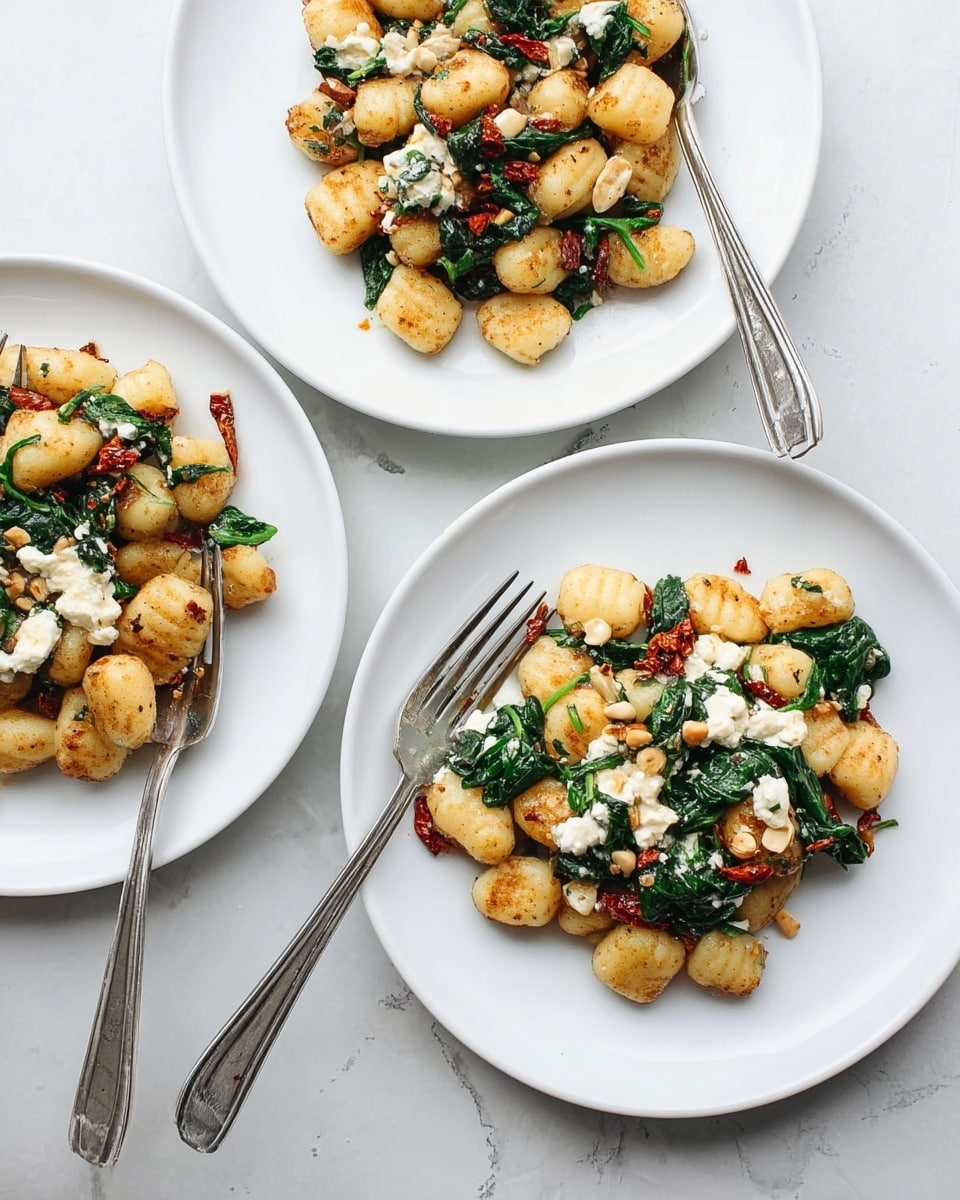The image shows three white plates and one partially seen plate with a dish made of golden browned gnocchi as the main layer, scattered unevenly on each plate. Mixed among the gnocchi are wilted, dark green spinach leaves adding a soft texture and bright color contrast. White chunks of soft cheese are spread throughout, adding creaminess to the dish. Small pieces of red sun-dried tomatoes and pine nuts are mixed in, providing pops of red and beige with varied textures. Two plates have metal forks resting on or near the gnocchi. All plates are placed on a white marbled surface that gives the image a clean, fresh look. Photo taken with an iphone --ar 4:5 --v 7