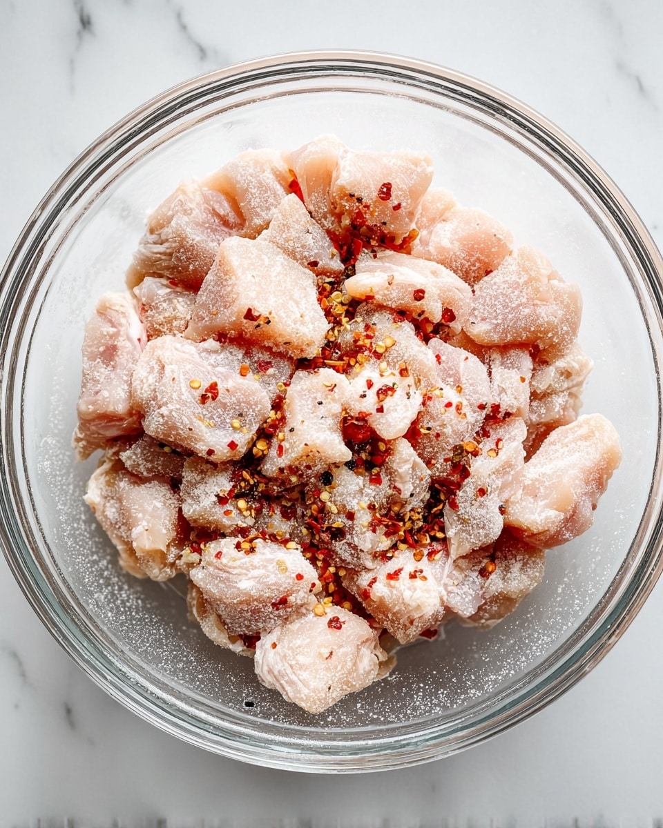 A clear glass bowl holds a layer of raw chicken pieces cut into small chunks, coated with a light dusting of white flour and sprinkled with red chili flakes and black pepper. The chicken pieces are pale pink with some white flour dust on them, showing a slight texture variation between smooth meat and flour coating. The bowl sits on a white marbled surface, giving a clean and bright background contrast to the chicken. The photo taken with an iphone --ar 4:5 --v 7