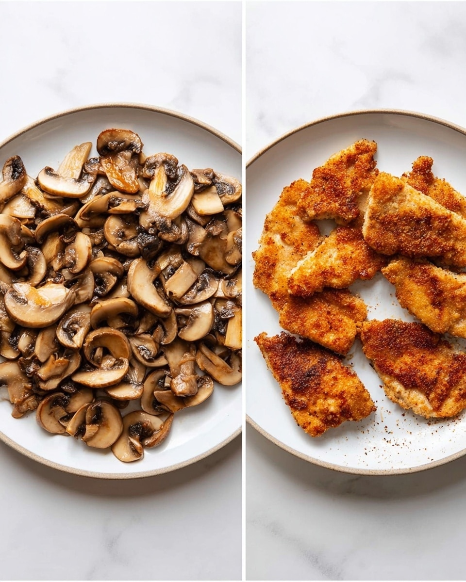 The image shows two round white plates placed side by side on a white marbled surface. The left plate is filled with many small, cooked mushroom slices that are brown with lighter beige edges and have a slightly shiny texture, scattered all over the plate. The right plate contains five golden-brown fried pieces of meat, each piece slightly overlapping the next, showing a crispy outer layer with some darker specks of seasoning. The meat pieces have a rough texture with some parts more browned than others, and the plate shows small specks of seasoning around the meat. photo taken with an iphone --ar 4:5 --v 7