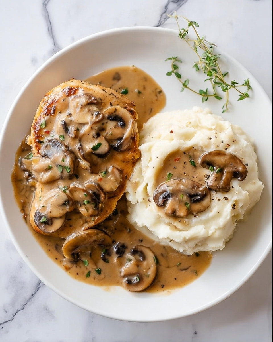 The image shows a white plate with two main layers of food on a white marbled surface. On the left side, there is a golden-brown cooked chicken piece covered with creamy brown mushroom gravy, which includes whole slices of soft mushrooms and small green herb bits sprinkled on top. On the right side, there is a large mound of creamy white mashed potatoes, also topped with the same brown mushroom gravy and extra mushroom slices, with some black pepper flakes visible on the potatoes. A few small green herbs are placed on the top right edge of the plate as decoration. Photo taken with an iphone --ar 4:5 --v 7