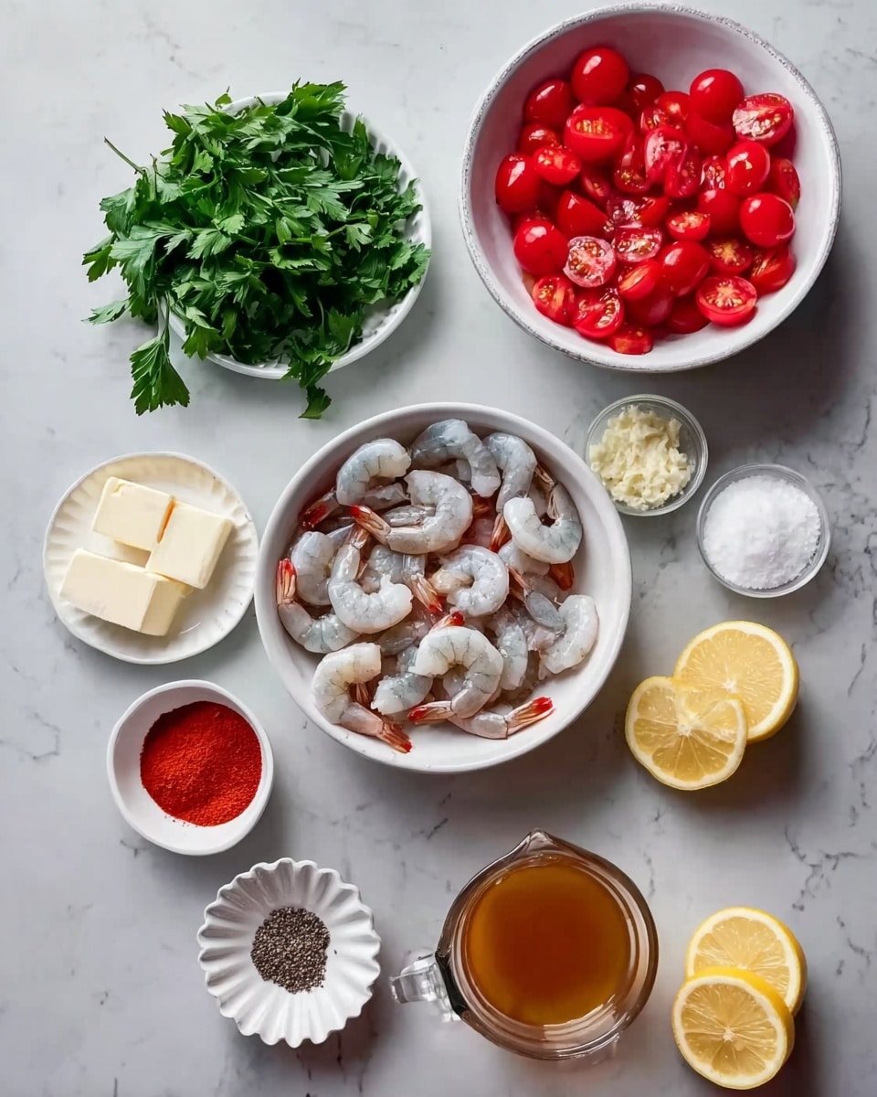 The image shows several white bowls arranged on a white marbled surface. In the center, there is a white bowl filled with raw shrimp in their shells. To the right, a bowl holds bright red cherry tomatoes, some of which are halved, showing their juicy insides. Above the shrimp, three smaller white bowls contain minced garlic, whole black pepper, and white salt crystals respectively. To the left, a larger white bowl is full of fresh green parsley leaves. Below the shrimp bowl, a small white plate has two pieces of butter. Next to it, a white scalloped dish is filled with red paprika powder, and nearby lies a clear measuring cup filled with golden-brown broth. At the bottom right, two lemon halves, one whole and one sliced, sit on the surface. The arrangement appears neat and colorful, highlighting fresh ingredients. Photo taken with an iphone --ar 4:5 --v 7