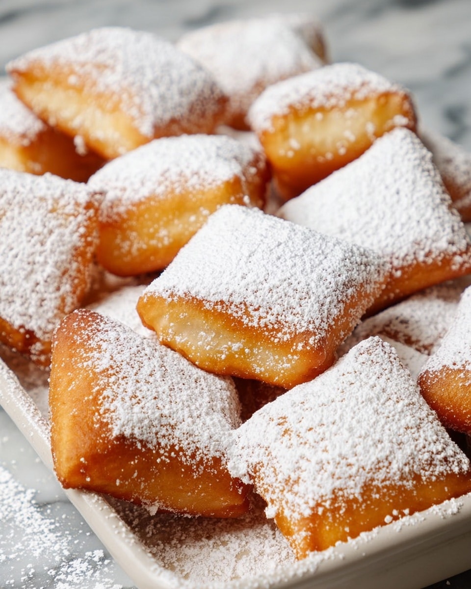 The image shows a white tray filled with small square-shaped fried dough pieces. Each piece is golden brown with a slightly crispy texture and is covered with a thick layer of white powdered sugar, giving a soft, powdery look on top. The dough pieces are arranged closely together, some stacked in rows, showing a fluffy and light inside with a thin crispy outside. The white powdered sugar is evenly spread over all the pieces, contrasting with the warm golden color of the dough. The surface beneath the tray has a white marbled texture. Photo taken with an iphone --ar 4:5 --v 7