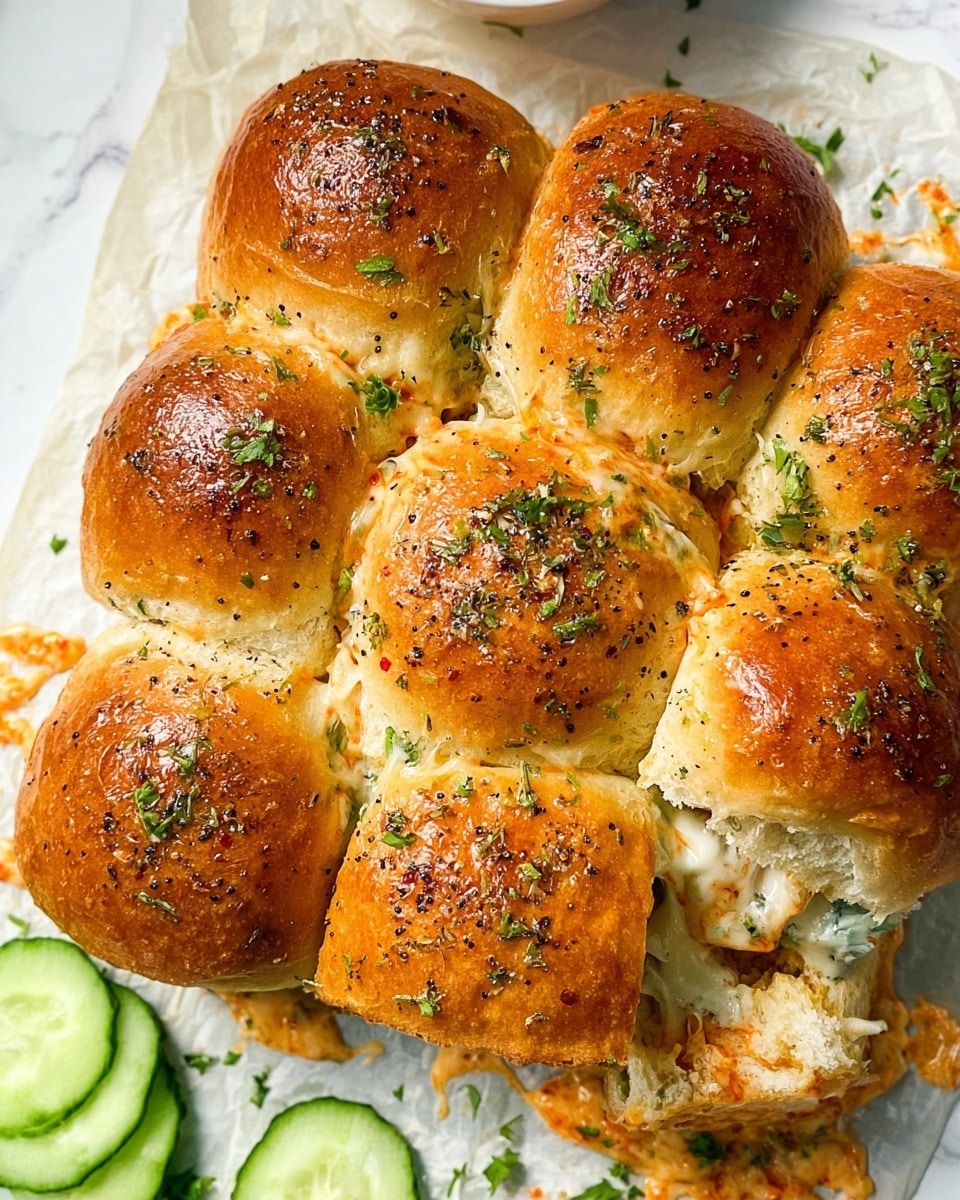 The image shows a cluster of eight golden brown slider buns closely packed together, each with a shiny, slightly crispy top sprinkled with green herbs and black pepper. Inside the buns, there is melted, stringy white cheese combined with a creamy orange sauce oozing out between the layers. The buns rest on a piece of parchment paper laid on a white marbled surface, with some specks of fresh green herbs scattered around. On the bottom left corner, there are a few slices of green cucumber partly visible. Photo taken with an iphone --ar 4:5 --v 7
