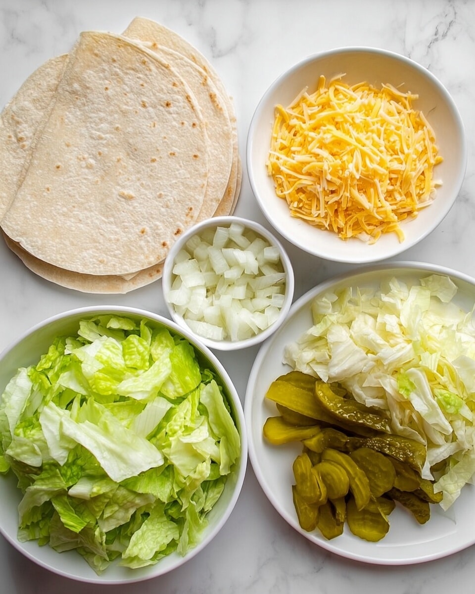 The image shows a white bowl filled with chopped light green lettuce on the bottom left. To the right of the bowl is a white plate with two main sections: the front half has a pile of shredded yellow and white cheese, and the back half contains sliced green pickles. Above this plate is a small white bowl with finely chopped white onions. At the top left, there is a stack of five light beige tortillas placed partly on a white marbled surface. The colors are fresh and natural, and the arrangement is neat. Photo taken with an iphone --ar 4:5 --v 7