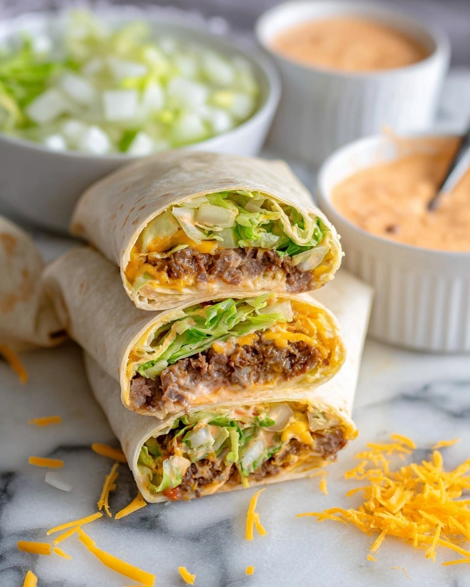 The image shows three burritos stacked on a white marbled surface, each wrapped in a soft, light beige tortilla. The burritos are cut to show the inside, revealing layers of bright green lettuce, creamy orange sauce, shredded yellow cheese, and bits of cooked beef with a slightly browned texture. In the background, there are two white bowls: one filled with white diced onions and the other with a creamy orange dipping sauce with a spoon inside. Small pieces of shredded cheese and lettuce are scattered around the burritos on the white marbled surface. photo taken with an iphone --ar 4:5 --v 7