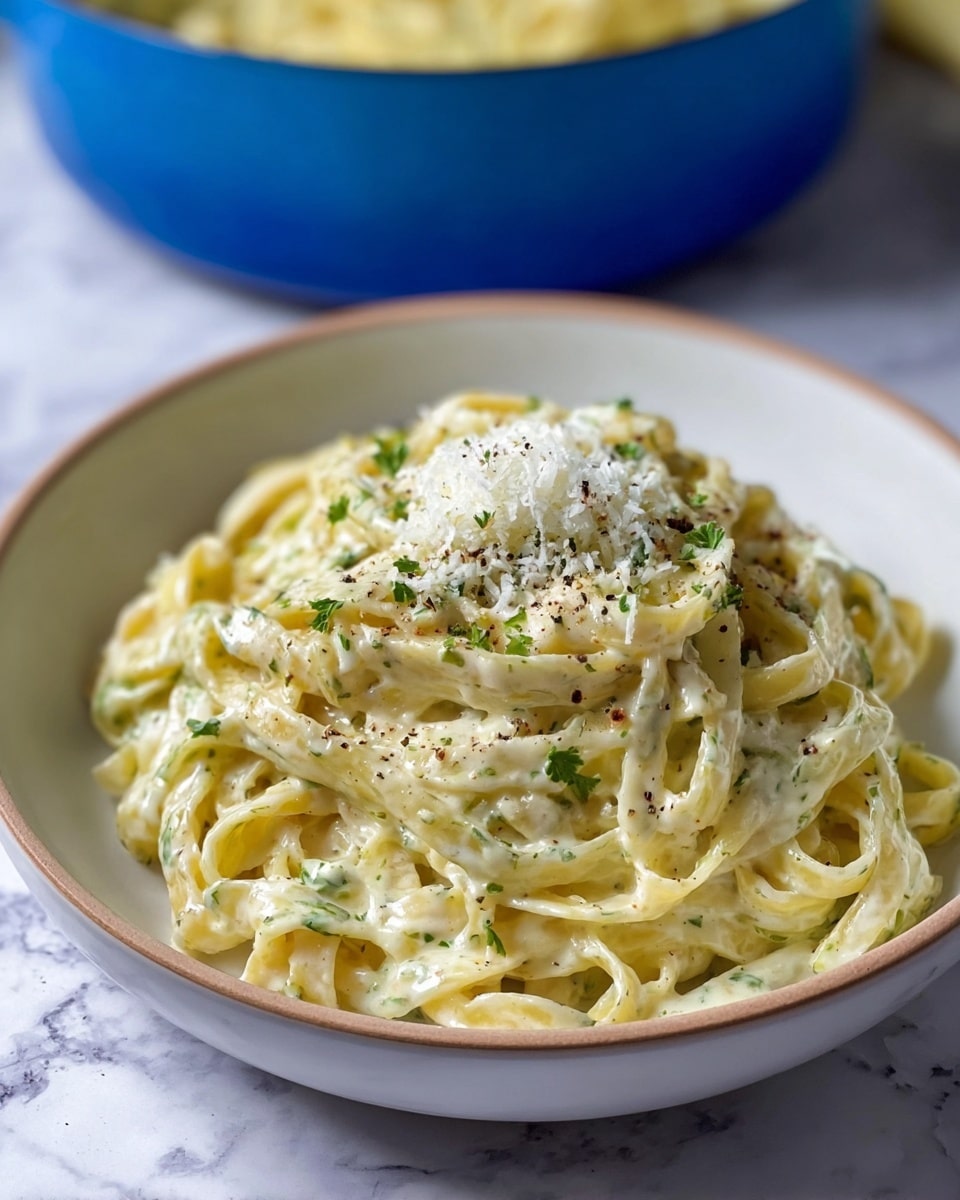 A white bowl holds a single layer of creamy fettuccine pasta coated in a light pale yellow sauce with green herb flecks spread evenly throughout. On top of the pasta is a small mound of finely grated white cheese, sprinkled with small bits of black pepper. The bowl sits on a white marbled surface, and in the blurred background, a blue pot with more pasta is partially visible. photo taken with an iphone --ar 4:5 --v 7