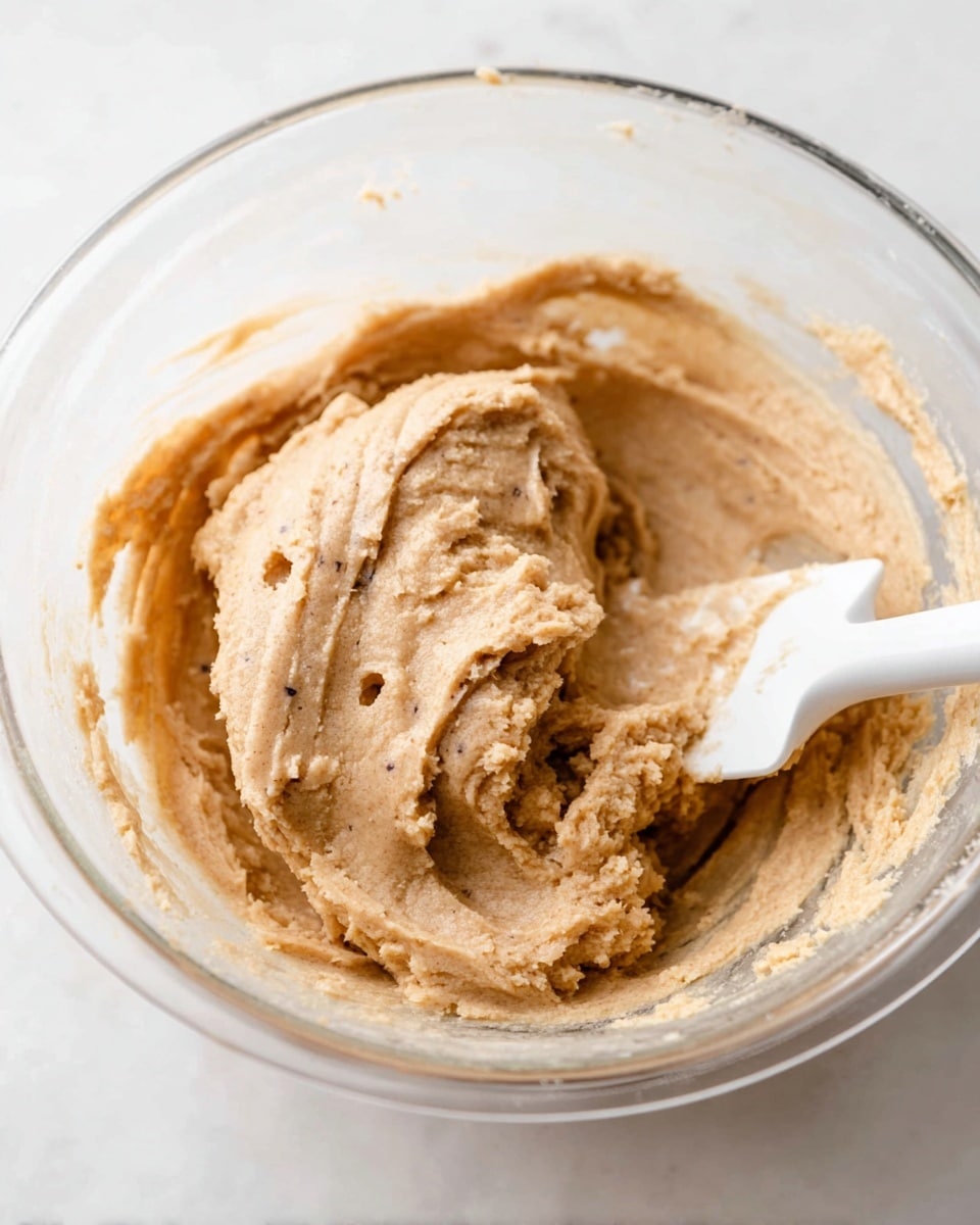 A close-up view of smooth, light brown cookie dough inside a clear glass bowl. The dough has a soft, creamy texture with slight ridges and small darker specks scattered throughout. The dough forms a rounded heap that fills much of the bowl's base. A white spatula with some dough stuck on it is partially resting on the right side of the bowl, showing fresh stirring motion. The bowl is placed on a white marbled surface. photo taken with an iphone --ar 4:5 --v 7
