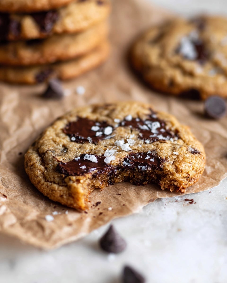 The image shows a close-up of a single chocolate chip cookie with a bite taken from its edge, placed on a crinkled brown paper. The cookie is golden-brown with a rough, slightly cracked surface, dotted generously with large, melted dark chocolate chunks. Small grains of white salt are sprinkled on top, adding texture and contrast. In the background, there is a blurry stack of similar cookies and some scattered chocolate chips. The whole scene is set on a white marbled surface. photo taken with an iphone --ar 4:5 --v 7