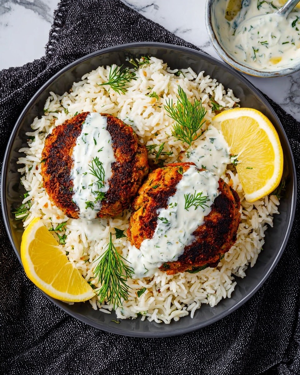 The dish shows two round, dark brown patties with some orange spots on top, each topped with a white sauce with green herbs. These patties sit on a bed of white, fluffy rice mixed with small bits of herbs and orange pieces, spread evenly across a white plate. On the top left and bottom left edges of the rice, there are two lemon wedges, bright yellow with a soft texture. Green sprigs of dill decorate parts of the rice near the lemon wedges, adding fresh green color. The plate is placed on a dark textured cloth over a white marbled surface. In the top right corner, a small bowl with a similar white sauce and green herbs is partly visible. photo taken with an iphone --ar 4:5 --v 7