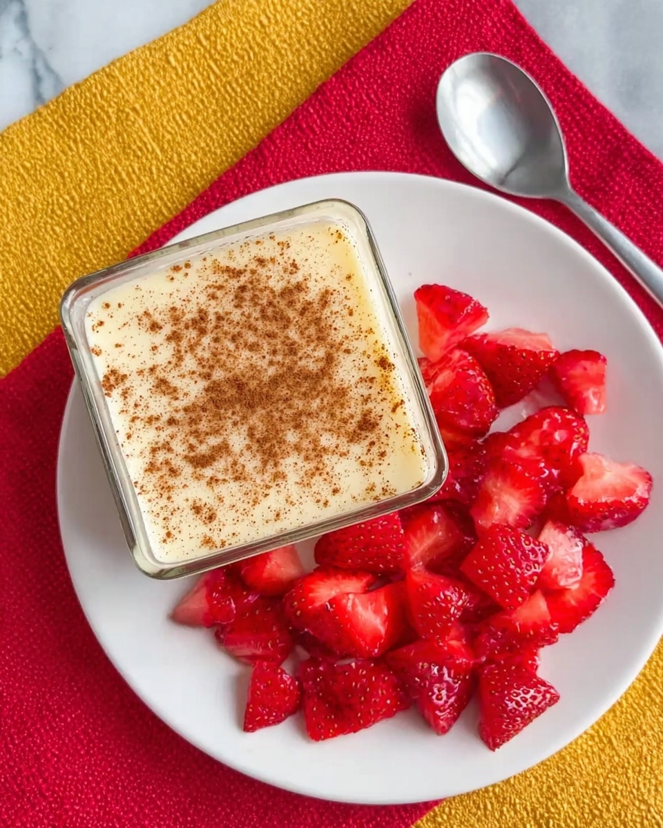 A top view of a white plate with two items: a square glass dish filled with a smooth, creamy light beige dessert topped evenly with a sprinkle of cinnamon powder, and a pile of bright red, fresh strawberry pieces cut into halves and quarters arranged to the side of the dish. The plate rests on a red cloth that partially covers a white marbled surface. A silver spoon lies above the plate on a yellow textured cloth. Photo taken with an iphone --ar 4:5 --v 7