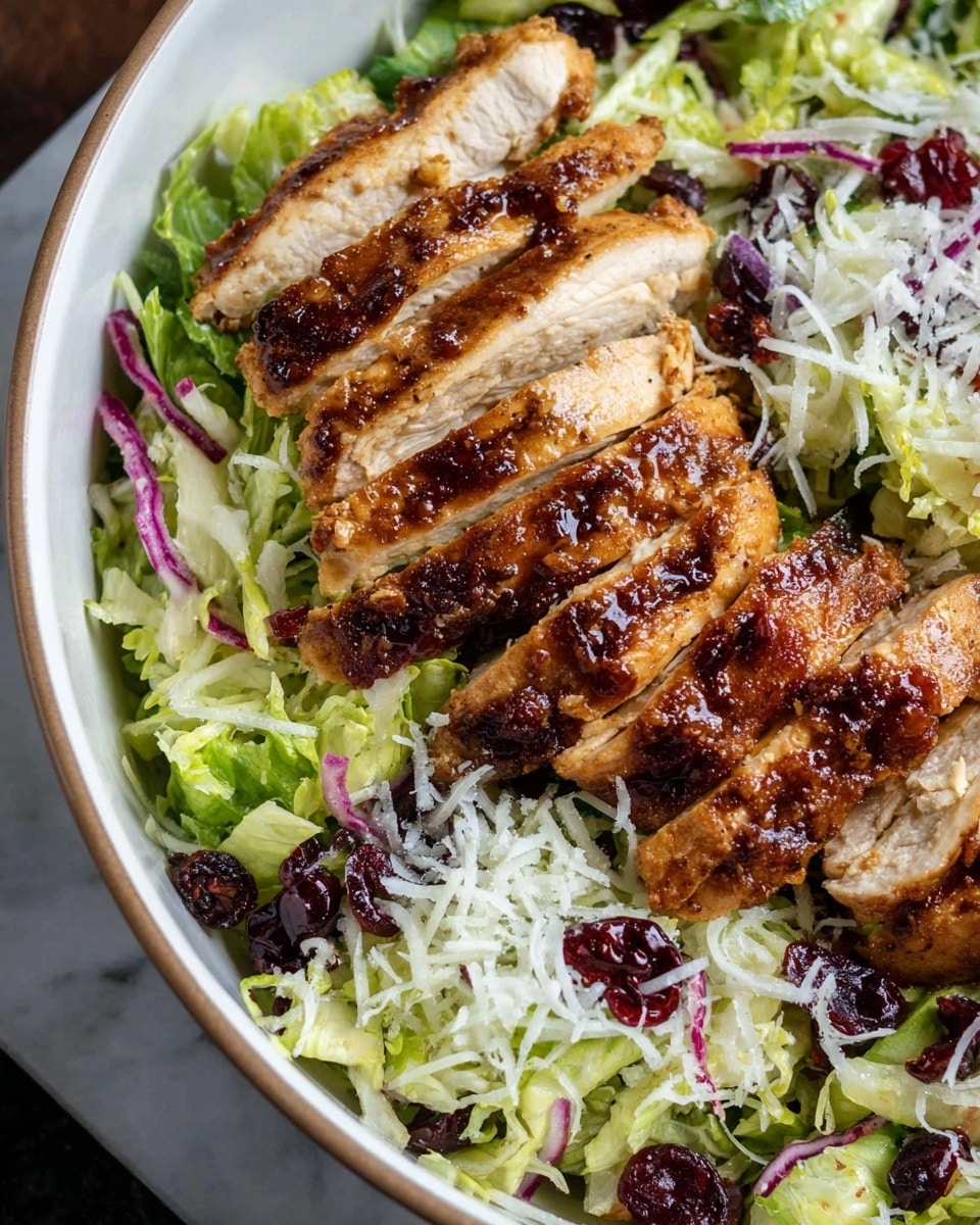 The image shows a close-up of a white bowl filled with a salad layered with shredded green lettuce and thin purple onion slices as the base. Scattered over the salad are small dark red dried cranberries and a sprinkle of shredded white cheese adding texture. On top of the salad, there are several thick slices of grilled chicken with a shiny, caramelized brown crust, placed in a row across the middle. The bowl sits on a white marbled surface, and the overall look is fresh with a nice contrast between bright greens, deep reds, and golden browns. photo taken with an iphone --ar 4:5 --v 7