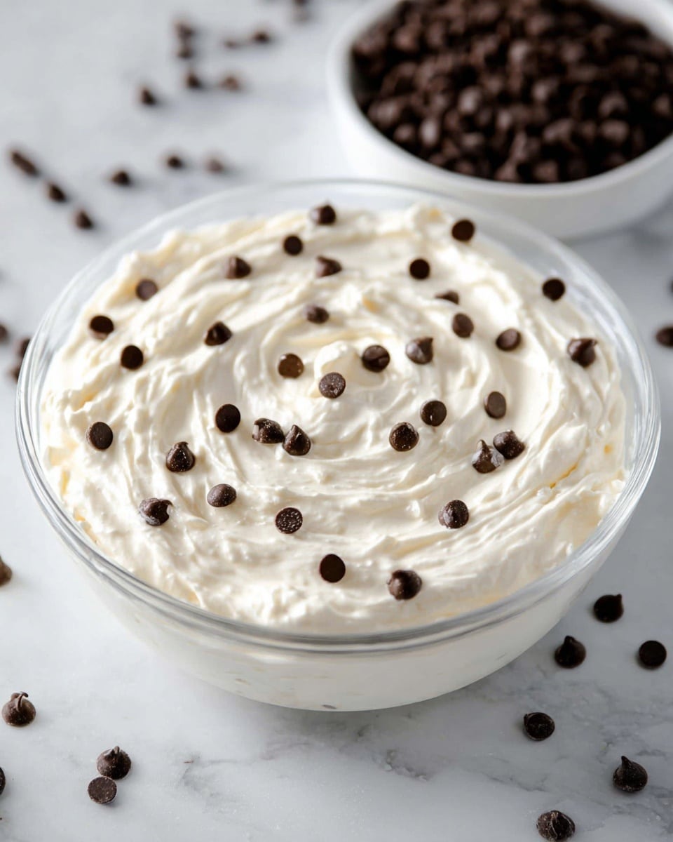 A clear glass bowl filled with a thick white creamy mixture, smooth with some slight swirls on top. Dark brown chocolate chips are scattered evenly throughout the top layer of the cream. In the background, a white bowl holds more chocolate chips, and a few chocolate chips are scattered on the white marbled surface around the bowl. photo taken with an iphone --ar 4:5 --v 7