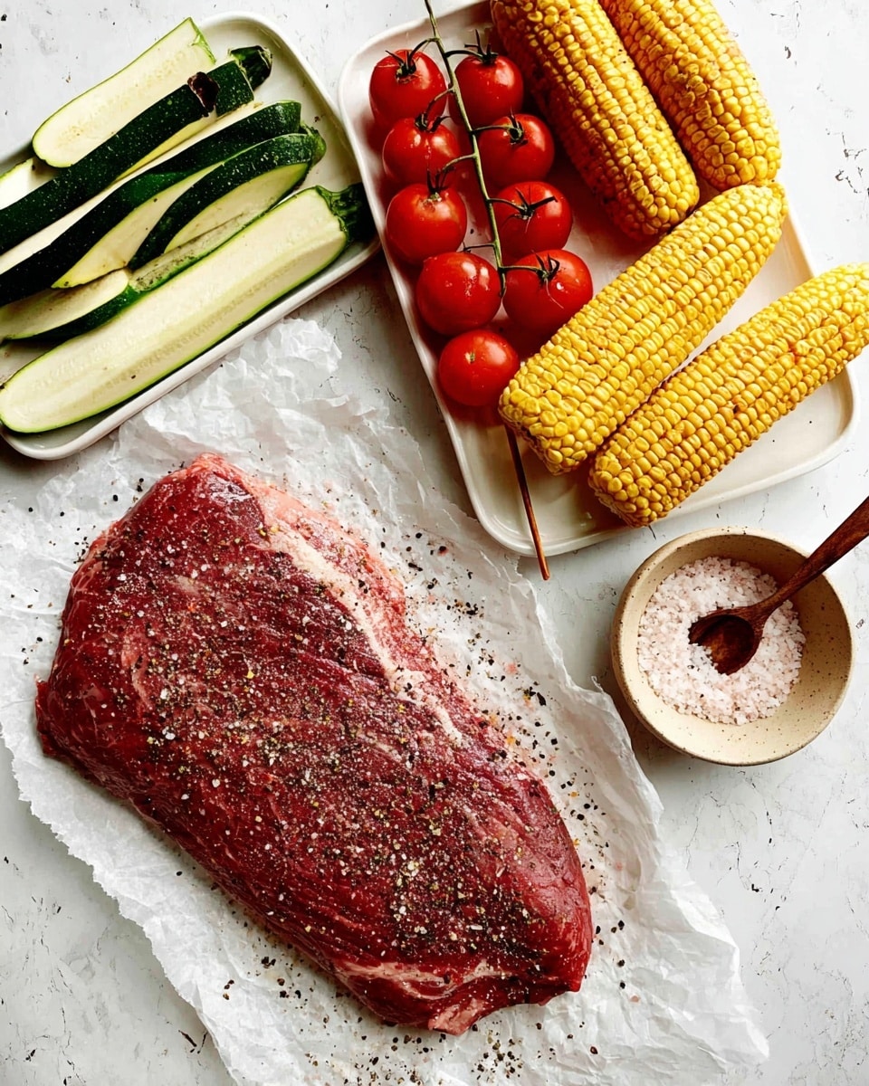 A large raw steak with a deep red color and patches of fat is spread on white crumpled paper, seasoned with black pepper and salt scattered on top. Above it, a white rectangular dish holds three groups: four long green zucchini slices with a shiny texture and pepper sprinkled on them, two wooden skewers filled with bright red cherry tomatoes neatly threaded in rows, and two ears of yellow corn with plump kernels also sprinkled with pepper. To the right of the steak, there is a small beige bowl filled with coarse salt with a dark wooden spoon inside, and next to it is a small white dish containing black pepper. All items rest on a white marbled textured surface. Photo taken with an iphone --ar 4:5 --v 7
