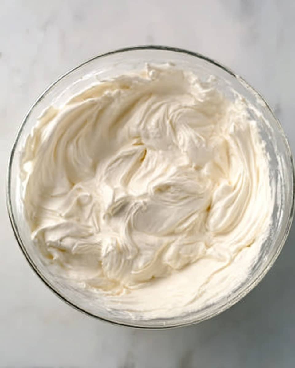 The image shows a clear glass bowl filled with thick, creamy white mixture that has a smooth and swirled texture. The creamy mixture looks soft and fluffy, with gentle peaks and waves all over inside the bowl. The bowl is placed on a white marbled surface, and a woman's hand is seen slightly stirring the mixture with a spoon or spatula. The overall look is clean, fresh, and inviting. photo taken with an iphone --ar 4:5 --v 7