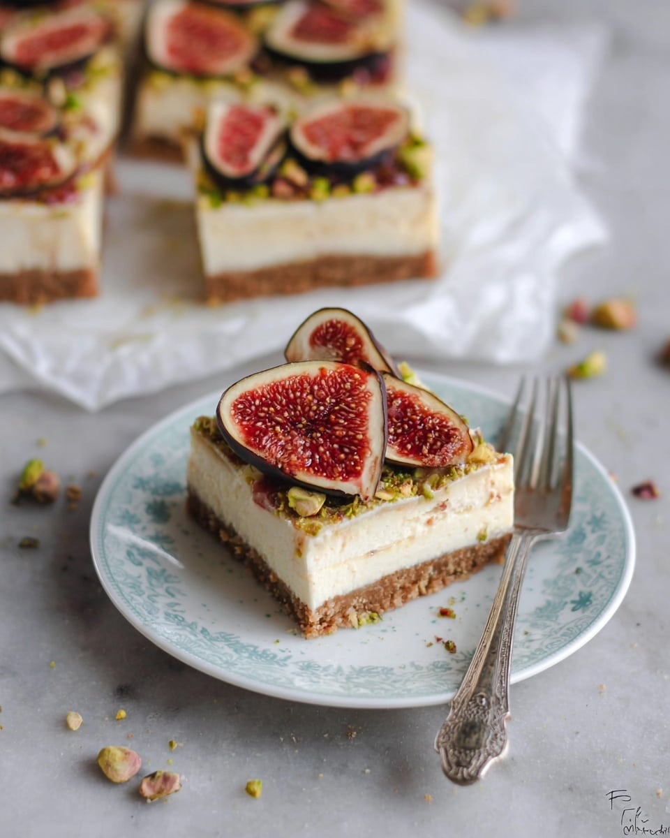 A square piece of cheesecake with three layers sits on a white plate with light blue patterns: the bottom layer is a brown crumbly crust, the middle layer is creamy and off-white, and the top layer features fresh fig slices, each with a deep red center and green edges, sprinkled with small green pistachio bits. A silver fork with an ornate handle lies next to the cheesecake on the plate. In the background, more pieces of the cheesecake rest on white parchment paper on a white marbled surface with some scattered pistachio bits. Photo taken with an iphone --ar 4:5 --v 7