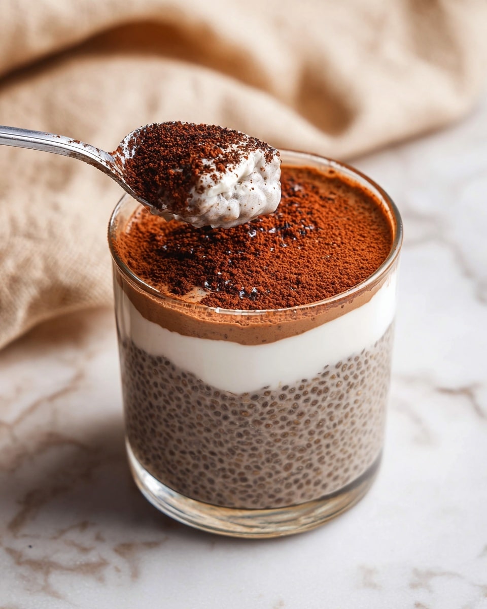 The image shows a clear glass filled with a three-layer dessert. The bottom layer is brown with many small chia seeds visible, giving it a textured look. The middle layer is white and creamy, sitting smoothly above the chia layer. The top layer is a rich, dark brown powder, dusted evenly over the white layer, creating a contrast. A silver spoon is scooping some of the dessert from the top, picking up a mix of white cream and chia seeds. The glass is placed on a white marbled surface with a blurred beige cloth in the background. photo taken with an iphone --ar 4:5 --v 7