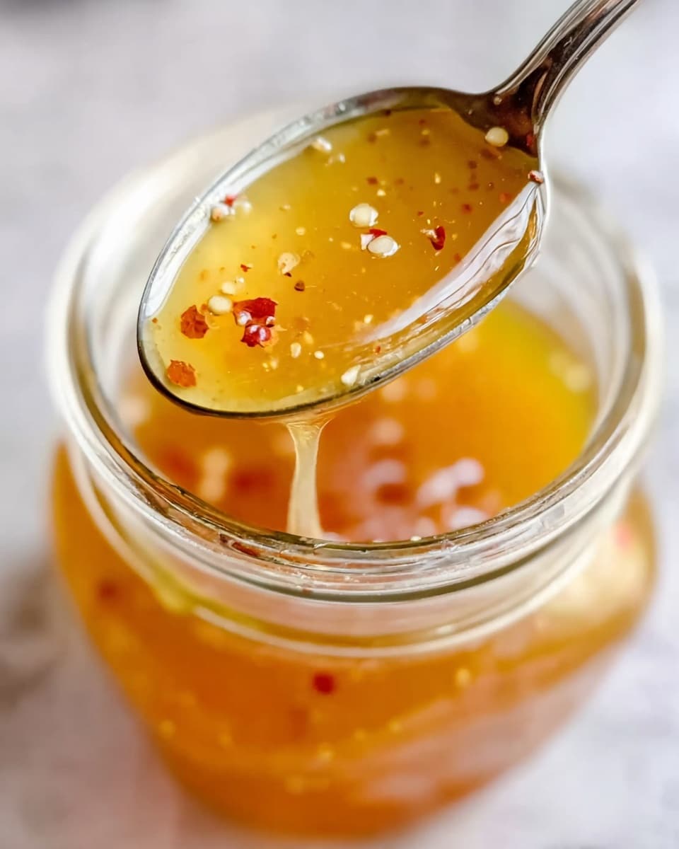 A close-up image showing a spoon filled with a shiny, light amber sauce with small red pepper flakes floating inside. The spoon is held above a clear glass jar filled with more of the same sauce. The background is a white marbled texture, softly blurred to keep focus on the shiny, smooth sauce with little bits inside. The spoon is silver and reflects some light, showing the syrup-like texture flowing off its edge. photo taken with an iphone --ar 4:5 --v 7