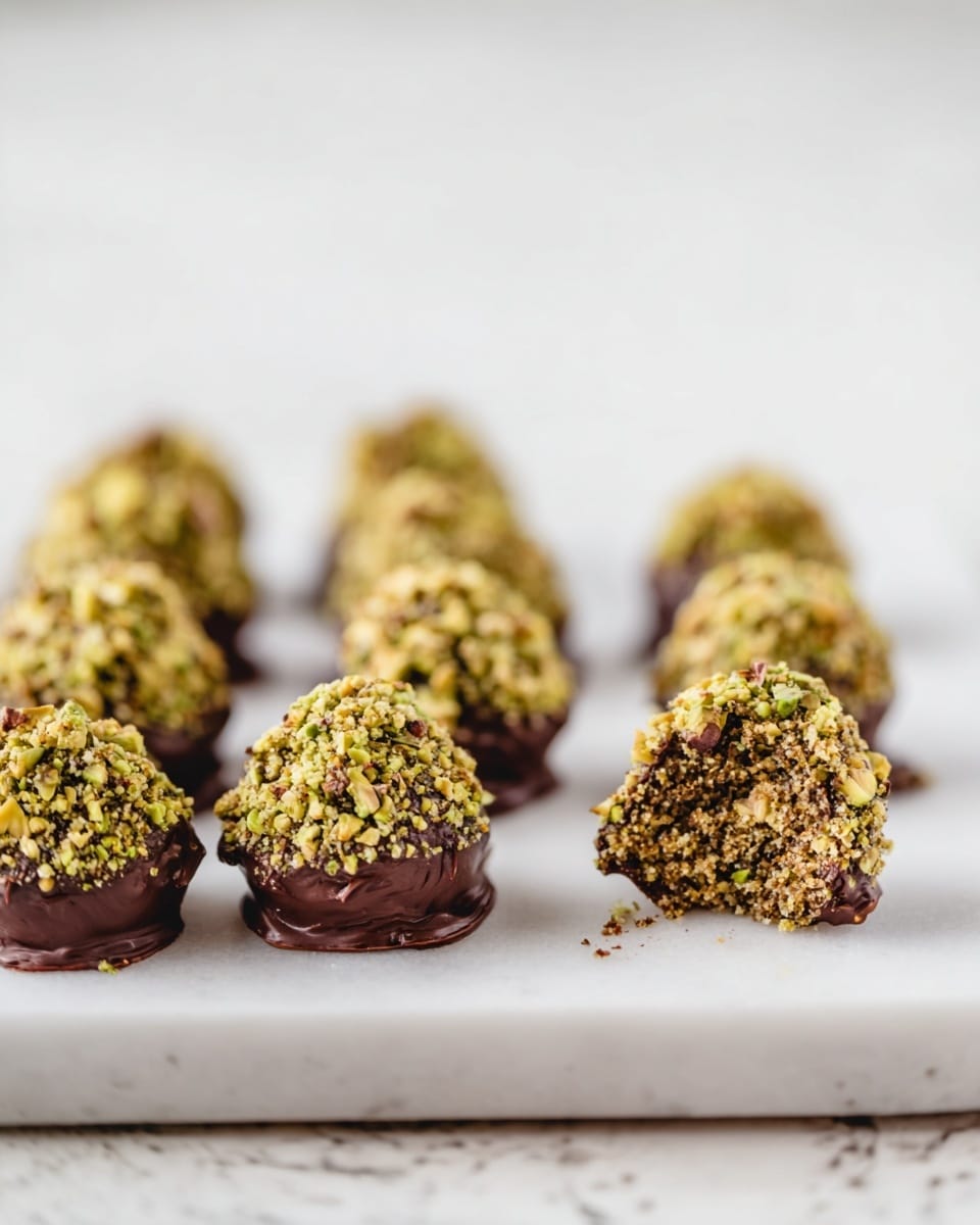 The image shows a white tray holding eight round dessert bites arranged in two neat rows. Each bite consists of two layers: the bottom layer is an uneven, slightly shiny, dark brown chocolate base with a soft texture, and the top layer is a rough-textured, round mound covered in crushed green pistachios giving it a crunchy look. One bite at the front right is cut to reveal a crumbly, moist inside with specks of green and brown, matching the outer texture. They are on a white marbled surface with a soft light giving the scene a clean and fresh feel. Photo taken with an iphone --ar 4:5 --v 7