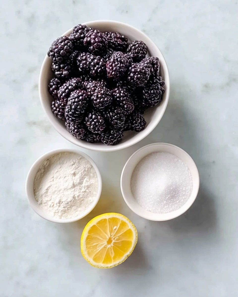The image shows a flat lay of four white bowls arranged on a white marbled surface. The top bowl is filled with dark purple blackberries, densely packed and slightly shiny. Below it, towards the left, a bowl holds a fine white powder, likely flour or powdered sugar. To the right of this bowl, there is a white bowl with a bright yellow lemon slice on top, showing the lemon’s juicy texture. Below both of these, the last bowl is filled with plain white granulated sugar, smooth and even. The overall scene is bright and clean, highlighting the fresh ingredients. Photo taken with an iphone --ar 4:5 --v 7