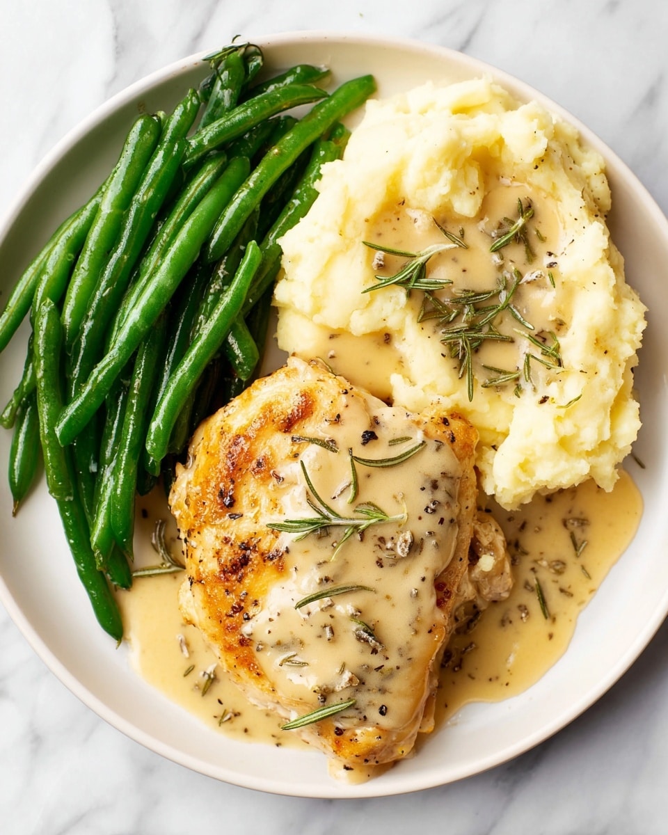 The dish shows three parts on a white plate set on a white marbled surface: a pile of bright green green beans on the left with a smooth, shiny texture; next to it on the bottom right, a creamy, pale yellow mound of mashed potatoes topped with a light beige sauce and small rosemary leaves scattered; on the upper right, a golden-brown cooked chicken piece covered in the same light beige sauce with visible rosemary leaves and black pepper sprinkled on top. The sauce delicately flows from the chicken into the mashed potatoes, giving a creamy and rich appearance. photo taken with an iphone --ar 4:5 --v 7
