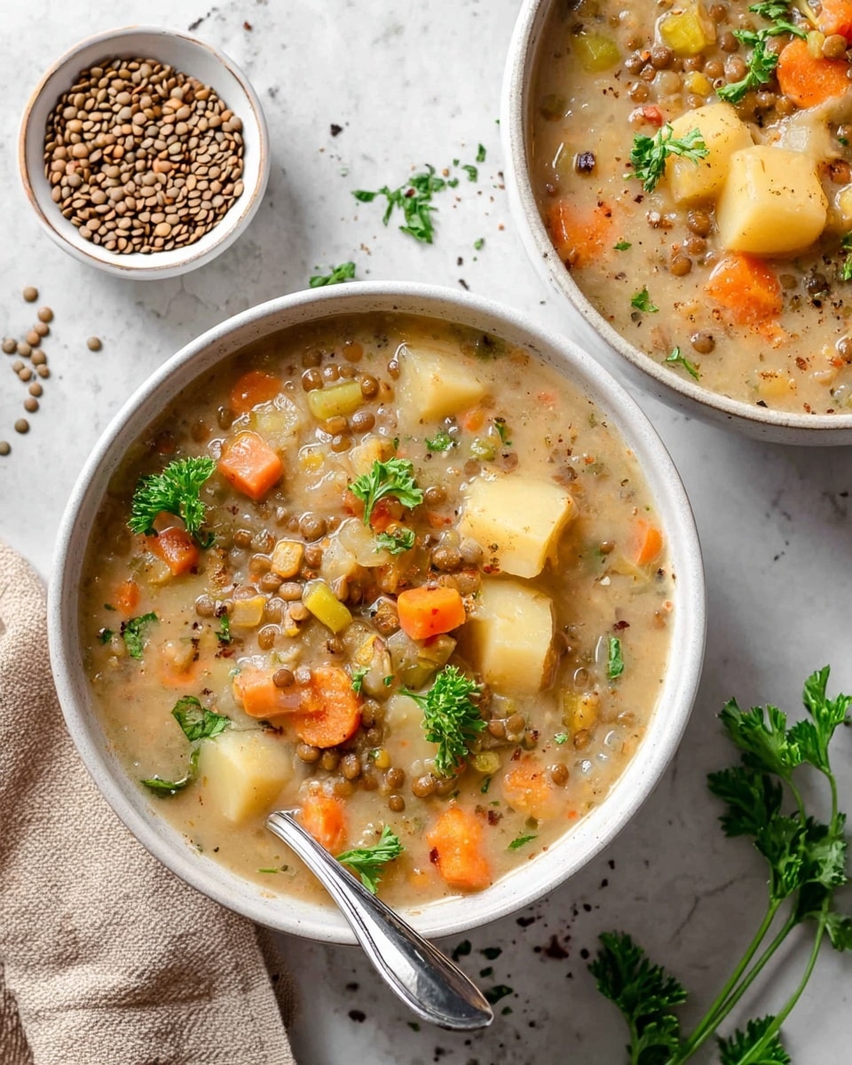 Two white bowls filled with chunky soup sit on a white marbled surface. The soup has a creamy light brown base with visible pieces of orange carrot slices, pale yellow potato chunks, green celery bits, and small brown lentils scattered throughout. Bright green parsley leaves float on top, adding a fresh pop of color. One bowl is closer to the camera, showing a silver spoon resting inside, while the other bowl is partially visible near the top left. A small white bowl of dry lentils and a beige cloth napkin are also on the surface nearby. Photo taken with an iphone --ar 4:5 --v 7