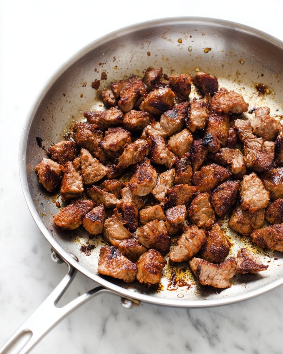 The image shows a silver frying pan filled with small, browned pieces of cooked meat. The meat pieces are uneven in size and scattered across the pan, showing a mix of darker brown crispy areas and lighter cooked sections with a slightly oily sheen. The pan surface has some browned bits and oil spots, showing the meat has been seared well. The handle of the pan extends out to the side, and the whole setup is placed on a white marbled textured surface photo taken with an iphone --ar 4:5 --v 7