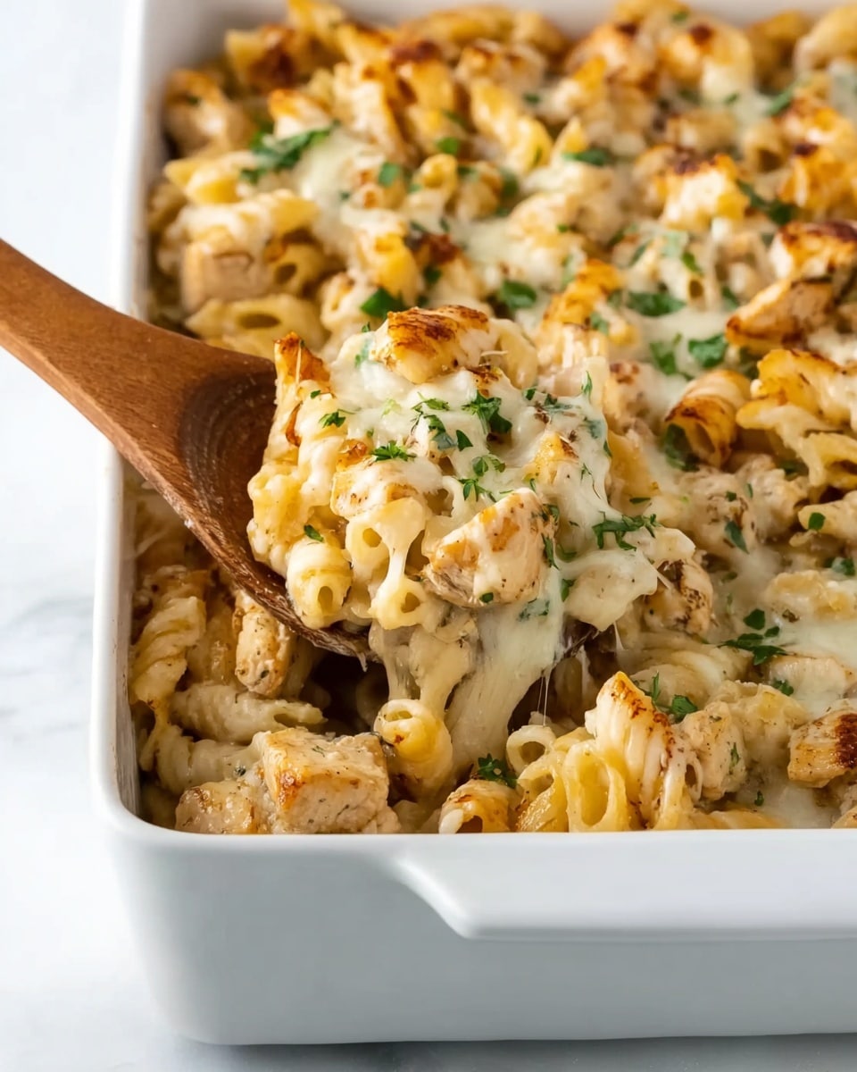 A white rectangular baking dish filled with cooked pasta mixed with pieces of light brown cooked chicken, all covered in melted light yellow cheese that is stringy and soft. Small green herb leaves are scattered on top for color contrast. A wooden spoon is scooping some pasta from the dish, showing a mix of creamy and textured layers with slightly crispy browned bits. The background is a white marbled surface. Photo taken with an iphone --ar 4:5 --v 7