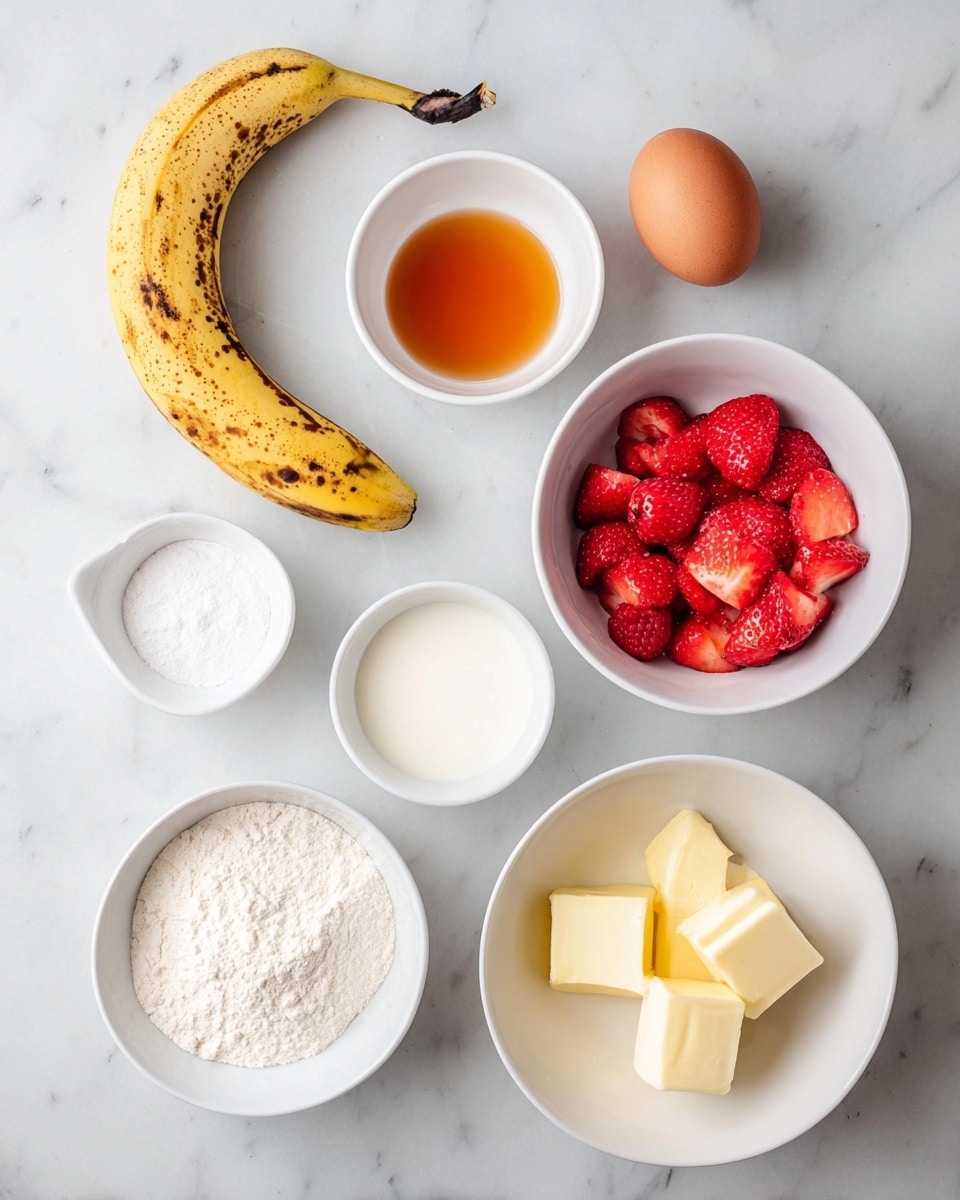 In the image, there are seven different ingredients placed on a white marbled surface. On the top left, a ripe yellow banana with brown spots lies next to a small white bowl filled with amber-colored liquid. To the right, a white bowl holds bright red chopped strawberries. Below this bowl, there is a brown egg sitting directly on the surface. On the right side, a small white bowl contains smooth white yogurt. Below, another white bowl has two pale yellow cubes of butter. In the bottom left, a larger white bowl is filled with fine white flour. Finally, a small white bowl with three different white powders sits in front. Everything is arranged neatly and evenly spaced. photo taken with an iphone --ar 4:5 --v 7