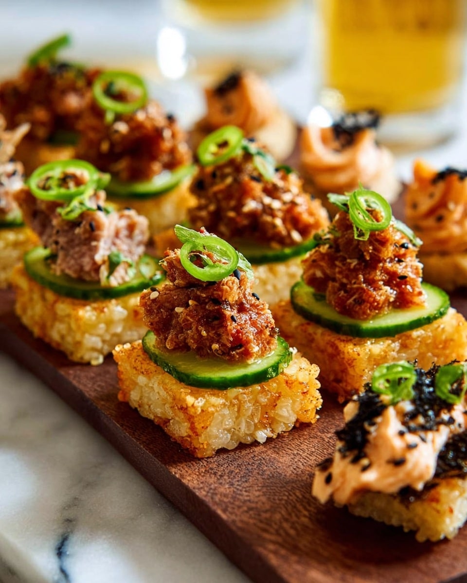 This image shows a wooden tray with a white marbled surface beneath it, holding two types of small square appetizers arranged in rows. The base layer of each appetizer is a golden brown crispy rice square with a rough texture. On some pieces, there is a thin green slice of cucumber resting on the rice, topped with a chunky reddish-brown tuna mixture with herbs, garnished with thin circular slices of green chili. Other pieces have a topping of a lighter orange creamy mixture, also garnished with green chili slices and black sesame seeds. The background includes a blurred glass of beer and more small appetizers on the white marbled surface. Photo taken with an iphone --ar 4:5 --v 7