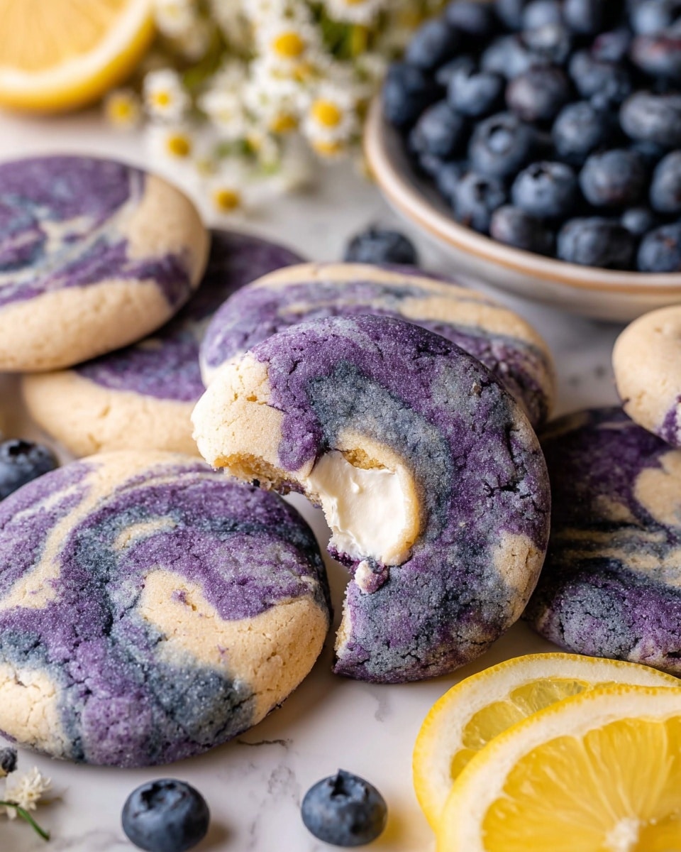 A group of round cookies with a marbled mix of purple and light beige colors forming a swirled pattern on top, one cookie at the center is bitten showing a creamy white inner layer. The cookies have a slightly rough, sugar-coated texture. Around the cookies, there are fresh yellow lemon slices and scattered deep blue blueberries, with a white plate filled with more blueberries and small white flowers visible in the background. All items are placed on a white marbled surface. photo taken with an iphone --ar 4:5 --v 7