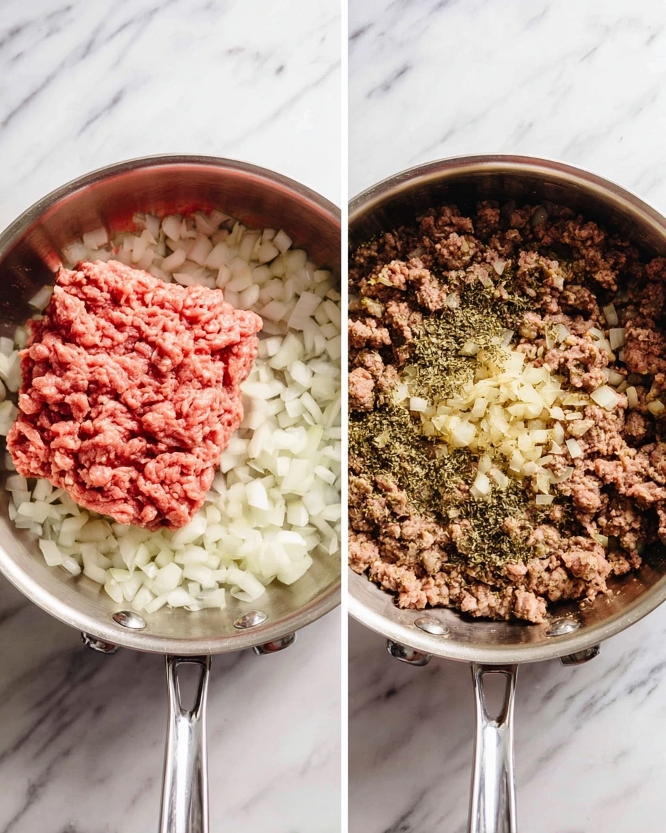 The image shows two side-by-side views of a stainless steel pan on a white marbled surface. On the left, the pan holds a chunk of raw ground meat, bright pink in color, sitting on top of chopped white onions that form the first layer at the bottom. On the right, the pan contains browned ground meat mixed with translucent cooked onion pieces, creating a textured brown and light yellow layer, topped with some finely minced pale yellow garlic and dried green herbs scattered on the surface. Both pans have clean shiny metal handles extending forward. photo taken with an iphone --ar 4:5 --v 7
