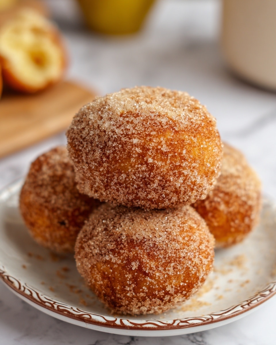 A close-up of four round donut holes stacked on a white plate with a brown patterned edge, each donut covered evenly in a layer of coarse sugar and cinnamon sprinkle giving a rough texture with amber and tan shades; the plate sits on a white marbled surface with a blurred background showing another container and a yellow object, likely a cup. photo taken with an iphone --ar 4:5 --v 7