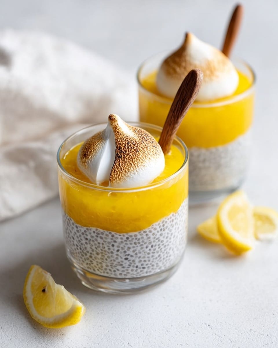 There are two clear glass cups filled with three layers each. The bottom layer is white with small black chia seeds giving it a speckled texture. The middle layer is a bright yellow smooth lemon jelly or curd, shiny and thick. On top of each cup is a white toasted marshmallow-like dollop with light brown char marks, slightly puffy and soft. Each cup has a small brown wooden spoon inside. The cups are placed on a white marbled surface with two small slices of lemon to the side. A white cloth is blurred in the background. photo taken with an iphone --ar 4:5 --v 7