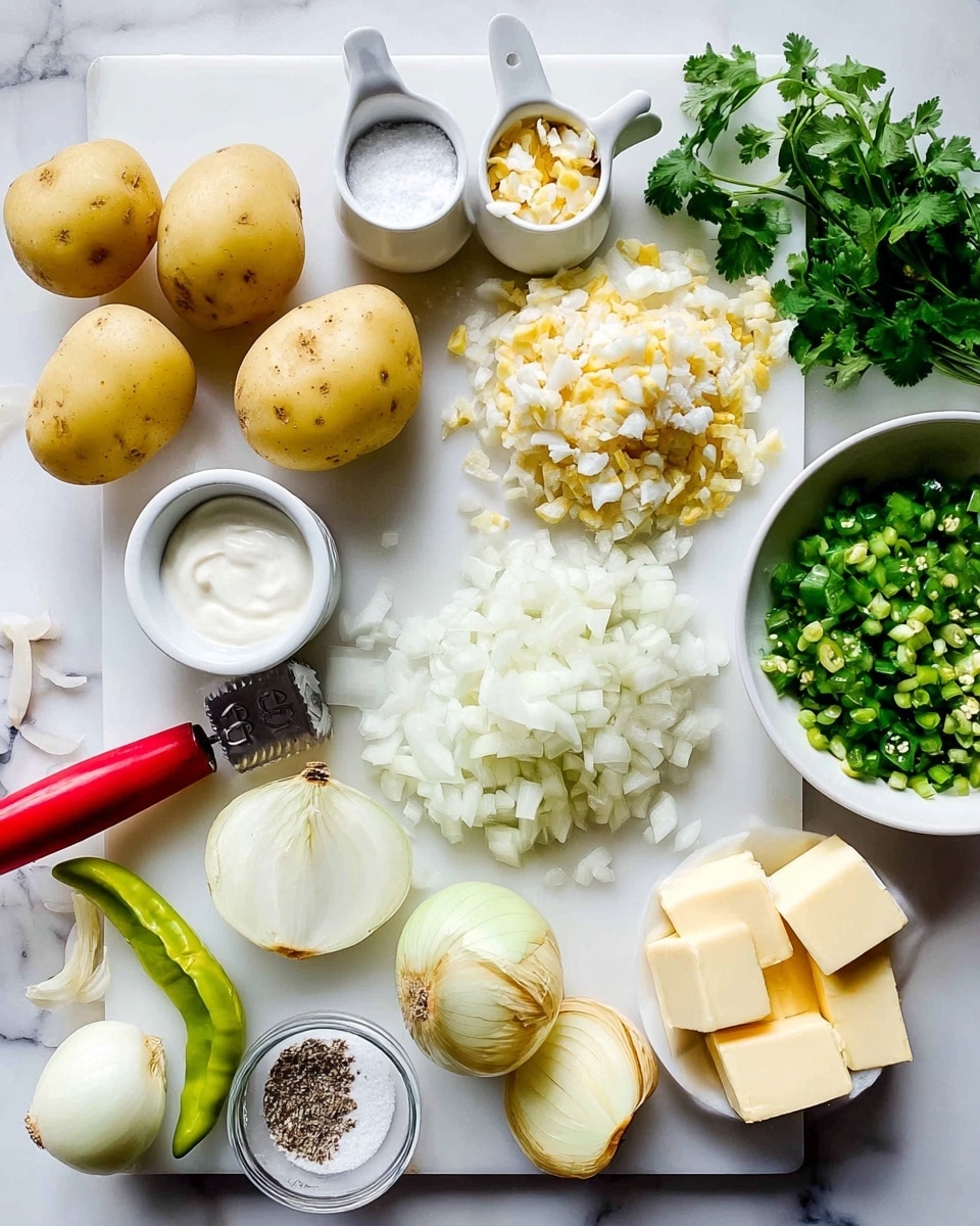 The image shows a white cutting board on a white marbled surface with various fresh ingredients for cooking. There are three peeled yellow potatoes and some potato peels scattered beside a red potato peeler. A white onion is cut in half and the other half is finely chopped in a large pile at the center. Next to the chopped onion is a small white bowl filled with diced green chili peppers. Nearby there are two small whole yellow onions with skins and a half green chili pepper. At the top left, there are two small measuring cups, one with white cream and the other with chopped white corn kernels. At the right, a small white bowl holds two cubes of pale yellow butter, and a bunch of fresh green cilantro rests above the potatoes. A small bowl with salt and pepper mix is also seen at the bottom left. Everything is arranged neatly and looks fresh photo taken with an iphone --ar 4:5 --v 7