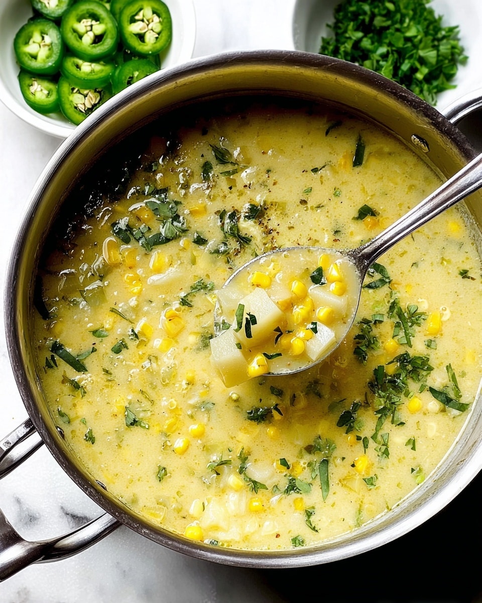 A white bowl filled with creamy corn chowder soup sits on a white marbled surface. The soup has a thick, pale yellow layer of creamy broth mixed with chunks of tender white potatoes and bright yellow corn kernels scattered throughout. Green herbs and small pieces of green jalapeño are mixed in, with three slices of jalapeño placed on top as garnish. A silver spoon rests inside the bowl, partially submerged in the soup, and a dark wooden spoon sticks out from the edge of the bowl. Nearby, small white dishes hold more sliced jalapeños and chopped parsley for extra garnish. photo taken with an iphone --ar 4:5 --v 7