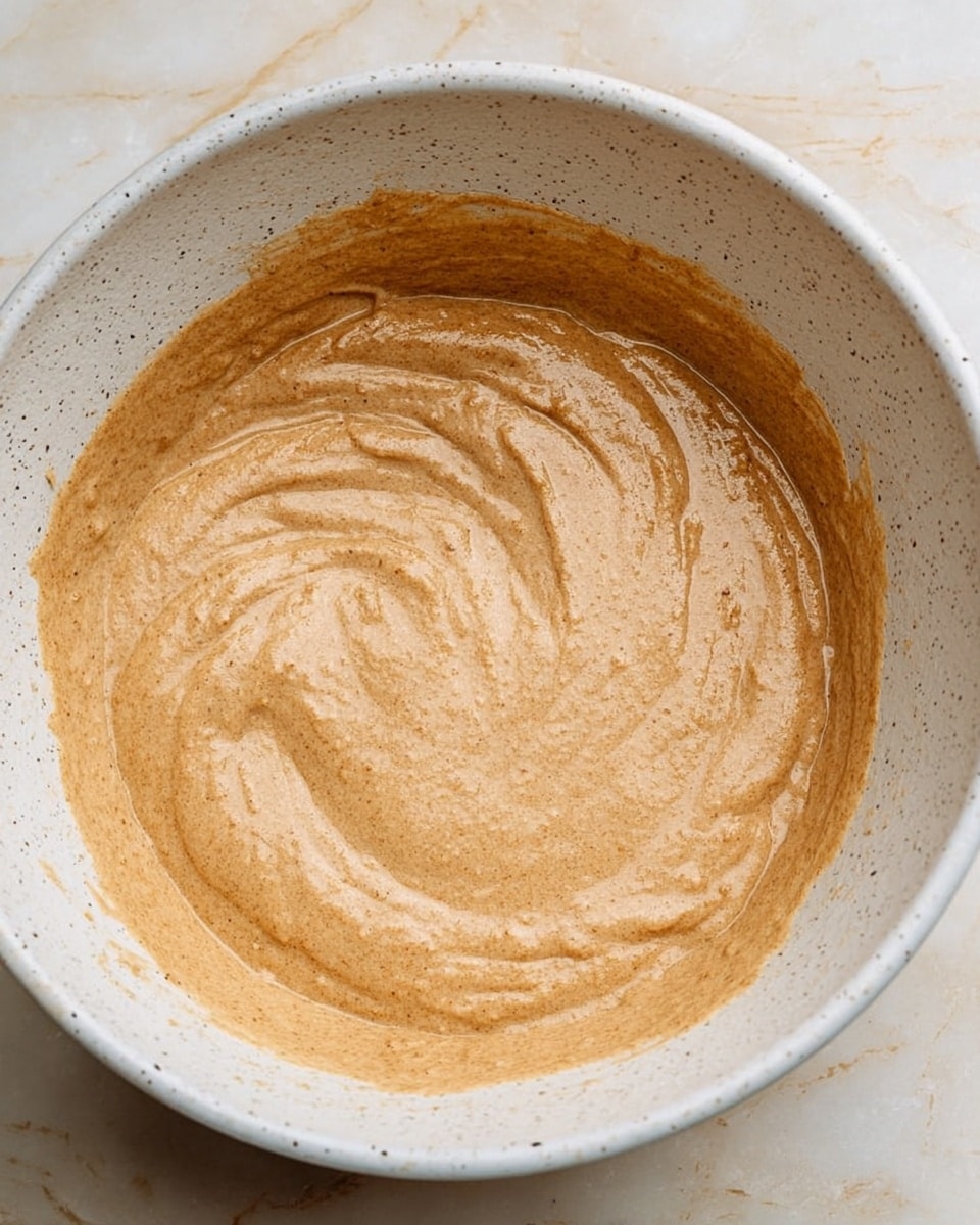 A close-up view of a single layer of light brown batter with a smooth, slightly thick texture inside a speckled white mixing bowl. The batter shows gentle swirls and soft peaks across the surface, filling most of the bowl’s bottom and curving partially up its sides. The bowl rests on a white marbled surface with natural veining, and the photo is taken with an iphone --ar 4:5 --v 7