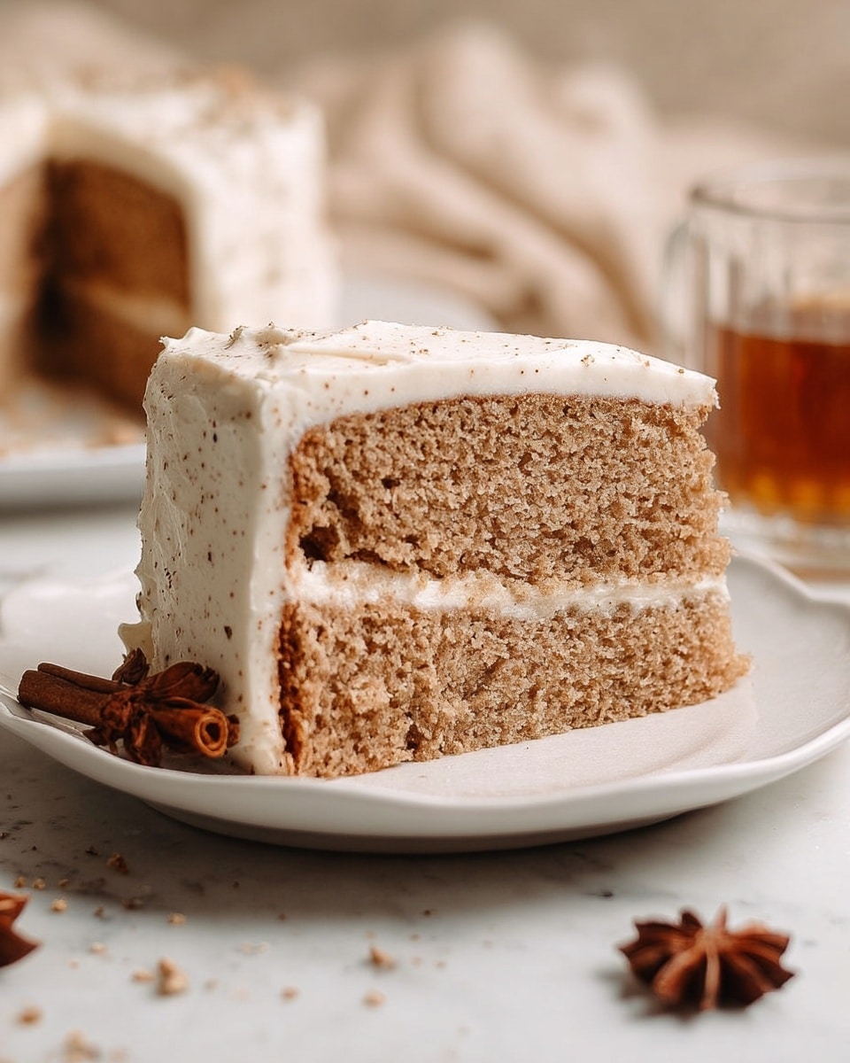 A close-up of a two-layer slice of light brown cake with a soft texture, filled and covered with thick creamy white frosting that has small brown specks, all placed on a white plate with gentle curved edges. The cake layers look moist and slightly crumbly, with frosting in between that is smooth and fluffy. The background shows glasses and star anise on a white marbled surface, adding warm tones behind the main focus of the cake. photo taken with an iphone --ar 4:5 --v 7