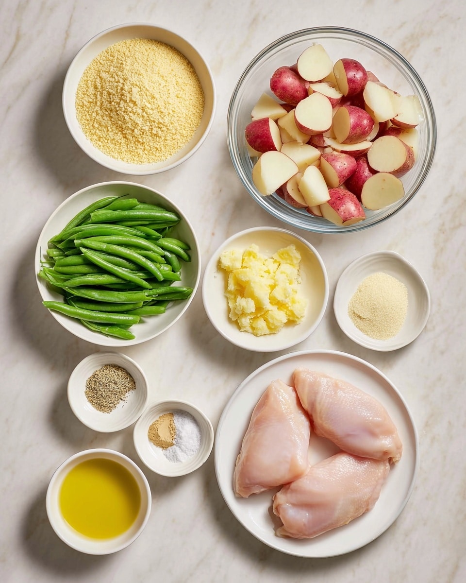 The image shows seven white bowls and plates with different food ingredients on a white marbled surface. Starting from the top left, there is a white bowl filled with coarse yellow crumbs. Next to it on the right, a larger clear glass bowl contains chopped red-skinned potatoes with creamy white inside. Below that, a small white bowl holds yellow minced garlic. At the bottom left, a white bowl is full of fresh green beans. To its right, a white bowl filled with light yellow powder, and next to it is a small white bowl with coarse salt and pepper mix. At the bottom right, a white plate has three raw chicken pieces, pale pink in color and smooth texture. At the very bottom left, there is a small white bowl with clear golden-yellow oil. All are arranged neatly with space between them. Photo taken with an iphone --ar 4:5 --v 7