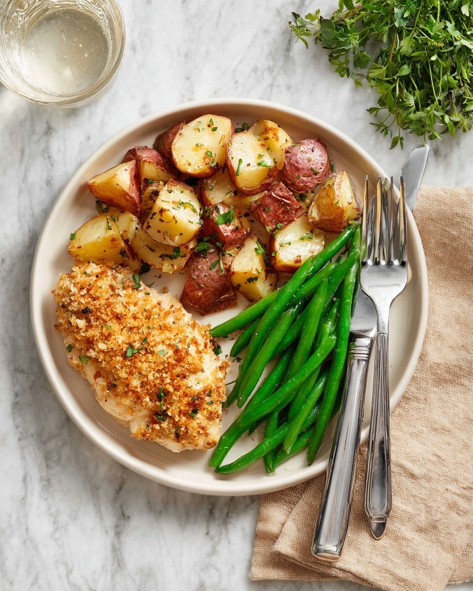 A white plate holds a meal with three main parts: a single piece of golden-brown baked chicken with a crisp, crumbly crust; next to it, a layer of browned roasted potato chunks with skin on, sprinkled with small green herbs; below them, a layer of bright green cooked green beans arranged neatly. A silver fork and knife rest on the right side of the plate over a white marbled surface, with a clear glass of water near the top and a small bunch of fresh green herbs partly visible in the upper right corner. photo taken with an iphone --ar 4:5 --v 7