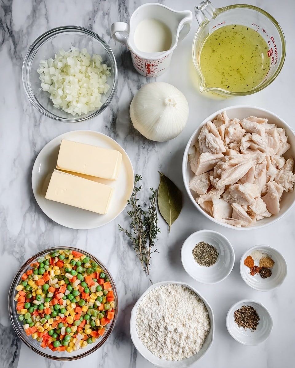 The image shows several clear glass bowls and small white dishes arranged on a white marbled surface. There is a bowl with chopped onions and garlic on the top left, a measuring cup with white cream next to it, and a larger measuring cup filled with a yellow-green liquid near the top right. Below these, a bowl contains cooked, sliced chicken pieces. A white bowl with two blocks of butter is placed in the center with two sprigs of thyme and a bay leaf beside it. Toward the bottom left, a bowl is filled with a colorful mix of frozen peas, carrots, and corn. On the lower right side, there are two small white dishes containing various dried spices, and a clear bowl filled with white flour. The overall scene is bright, clean, and organized, with the focus on fresh ingredients. photo taken with an iphone --ar 4:5 --v 7