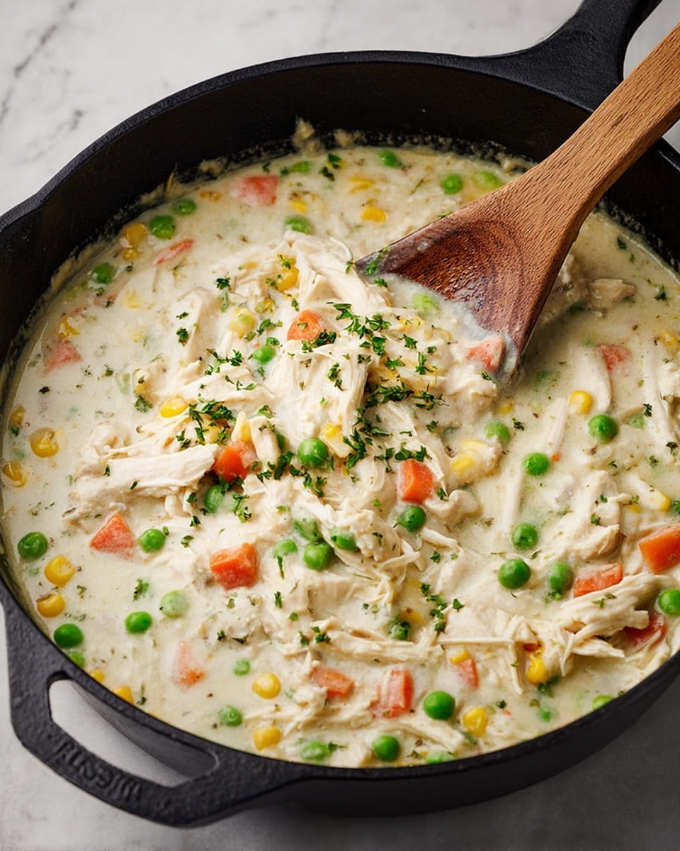 A white speckled bowl filled with two main layers: at the bottom is creamy mashed potatoes with green pieces of kale mixed in, showing a smooth yet slightly textured surface, and on top is a thick creamy stew containing shredded pale beige chicken pieces, bright green peas, small orange carrot cubes, and yellow corn kernels, all mixed in a light beige sauce. A silver spoon rests inside the bowl, angled toward the top right. Above the bowl, part of a black skillet filled with the same creamy stew is visible. The whole setup is on a white marbled background. photo taken with an iphone --ar 4:5 --v 7