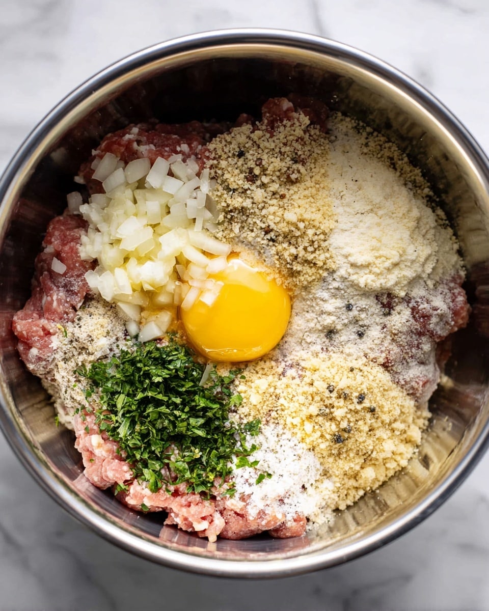 A shiny silver metal bowl sits on a white marbled surface, filled with raw ground meat forming the base layer. On top, there is a cracked raw egg yolk glowing bright yellow on the right side. Minced garlic, pale yellow and finely chopped, rests on the left over the meat. Small white onion pieces are scattered on the top right. There are green chopped parsley herbs in the center right. Sprinkles of black pepper, white salt, and breadcrumbs with a light tan color cover parts of the ingredients, giving rough textures and creating a mix of soft and powdery layers photo taken with an iphone --ar 4:5 --v 7