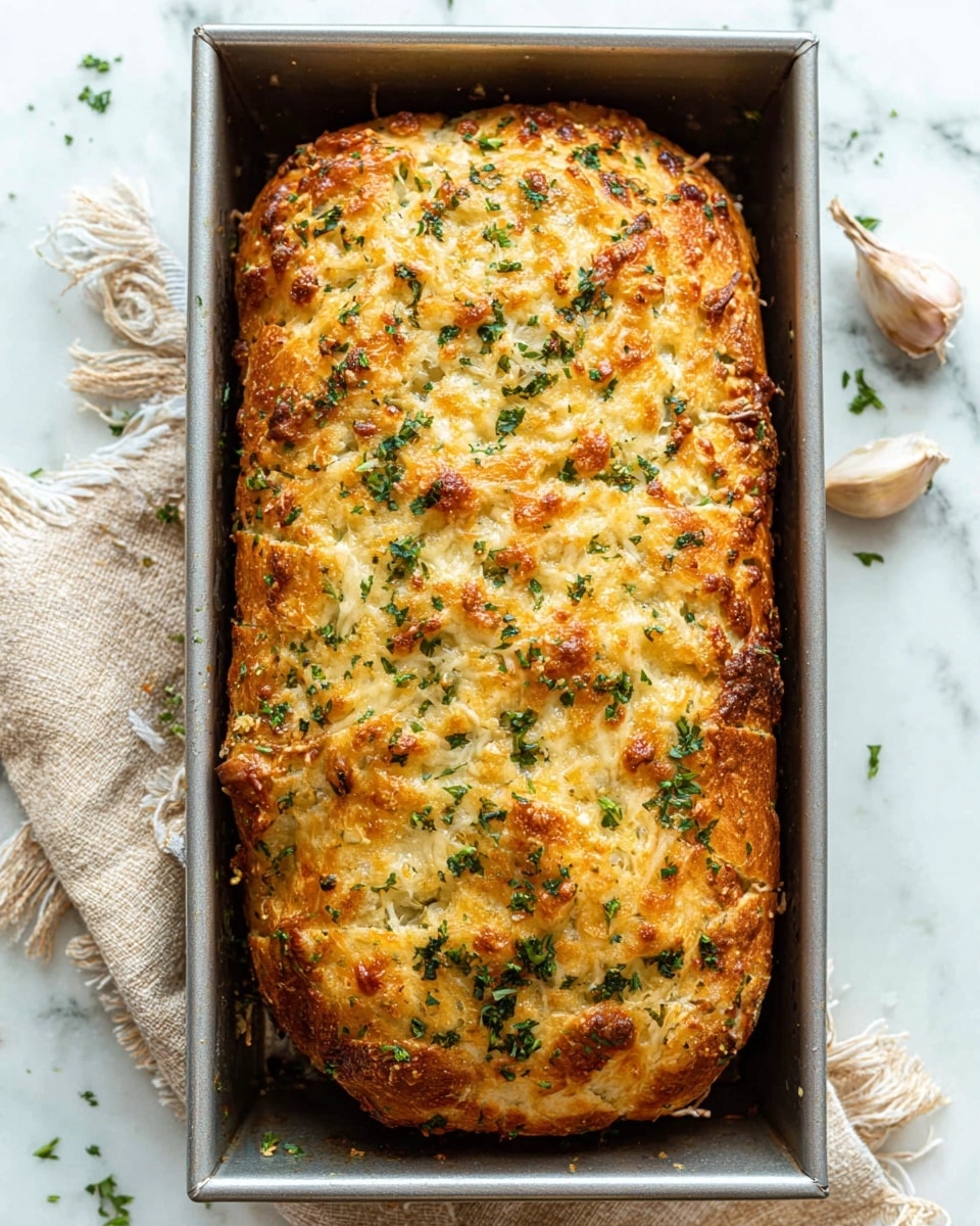 The image shows a white plate with two thick slices of meatloaf stacked on top of each other, the top slice sprinkled with green herbs and having a crispy golden crust with a textured surface. Underneath the meatloaf, there is a creamy layer of smooth mashed potatoes with small green herb pieces mixed in. To the left side of the plate, there are several bright green cooked green beans placed neatly. A silver fork is pressing into the mashed potatoes, lifting a portion with a piece of meatloaf on it. The plate is set on a white marbled surface, with some blurred garlic cloves, green herbs, and a small wooden bowl with grated cheese visible in the background. Photo taken with an iphone --ar 4:5 --v 7