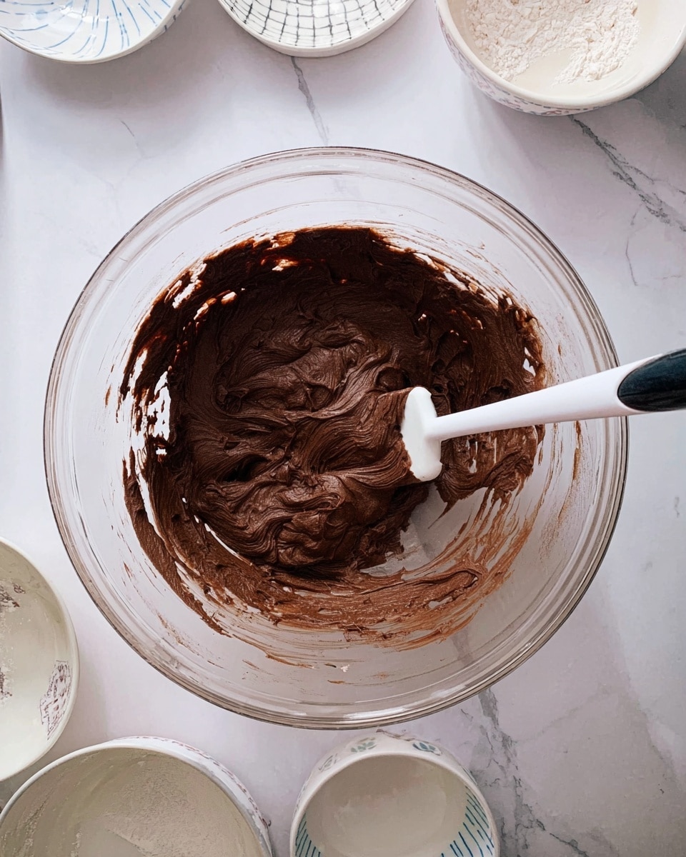 A clear glass mixing bowl sits on a white marbled surface, holding a single layer of thick, dark chocolate batter with a smooth and creamy texture. A white spatula with a black handle is resting inside the bowl, partially covered with the chocolate batter. Around the bowl, several small white bowls with various edges and patterns are visible but empty or lightly dusted, contrasting with the central mixing bowl. The whole scene is bright and clean, showing a baking preparation moment. photo taken with an iphone --ar 4:5 --v 7