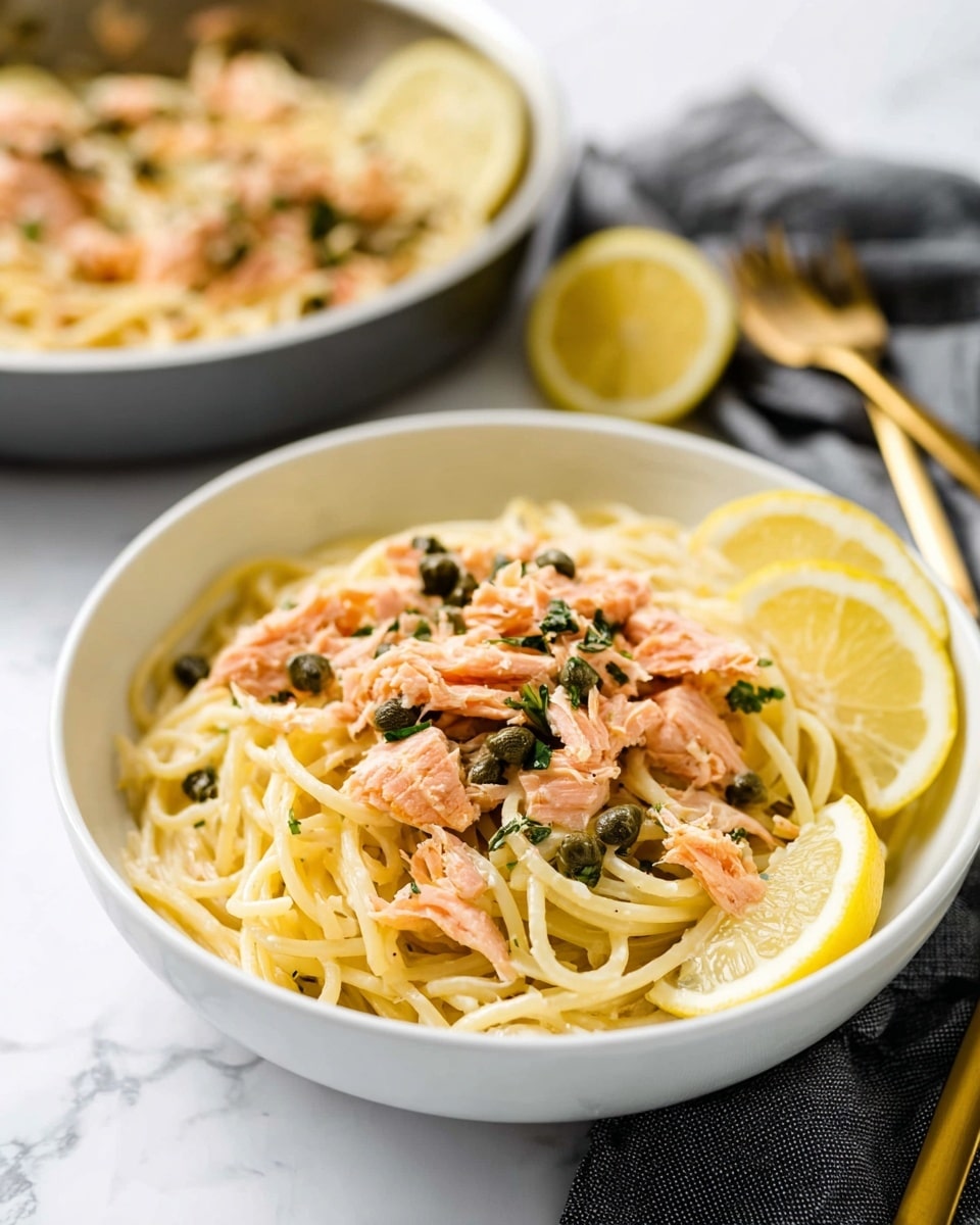 A white bowl filled with creamy spaghetti noodles as the base layer, topped with small flakes of light pink cooked salmon scattered throughout. A layer of chopped green herbs and small dark green capers is spread over the salmon flakes. Two slices of bright yellow lemon rest against the side inside the bowl. In the blurred background, a white bowl with more spaghetti and salmon is visible on a white marbled surface, next to a grey cloth and a golden fork. Photo taken with an iphone --ar 4:5 --v 7