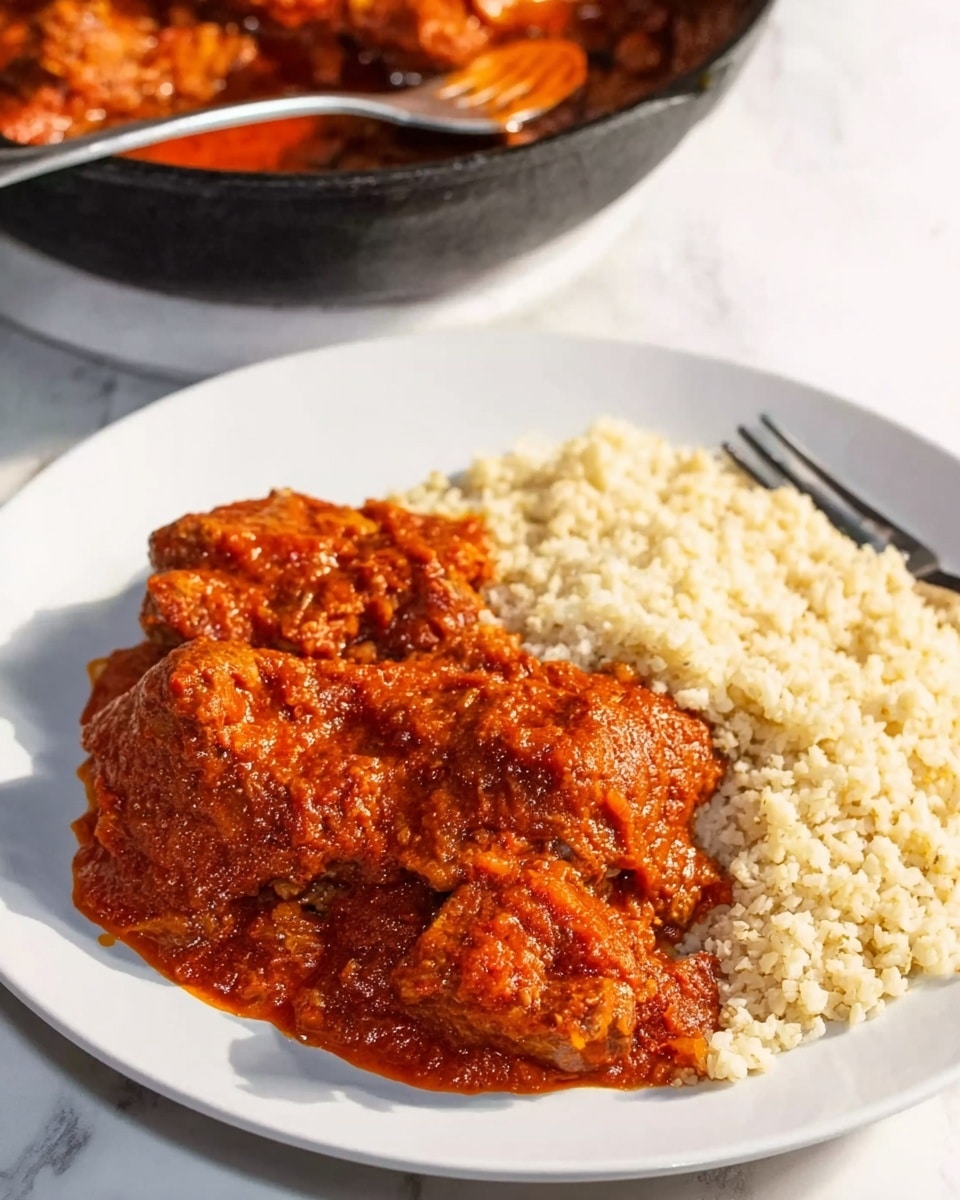 The image shows a white plate with two main layers of food. On the right side, there are two thick pieces of meat covered in a rich, bright red sauce with visible small chunks of onions and a slightly textured surface. On the left side, there is a heap of fluffy, light beige rice that contrasts with the vibrant sauce. The plate sits on a white marbled surface, and in the background, a black skillet with more of the red saucy meat is partially visible. A silver fork rests on the top left corner of the image. The lighting highlights the shine on the sauce and the softness of the rice. photo taken with an iphone --ar 4:5 --v 7