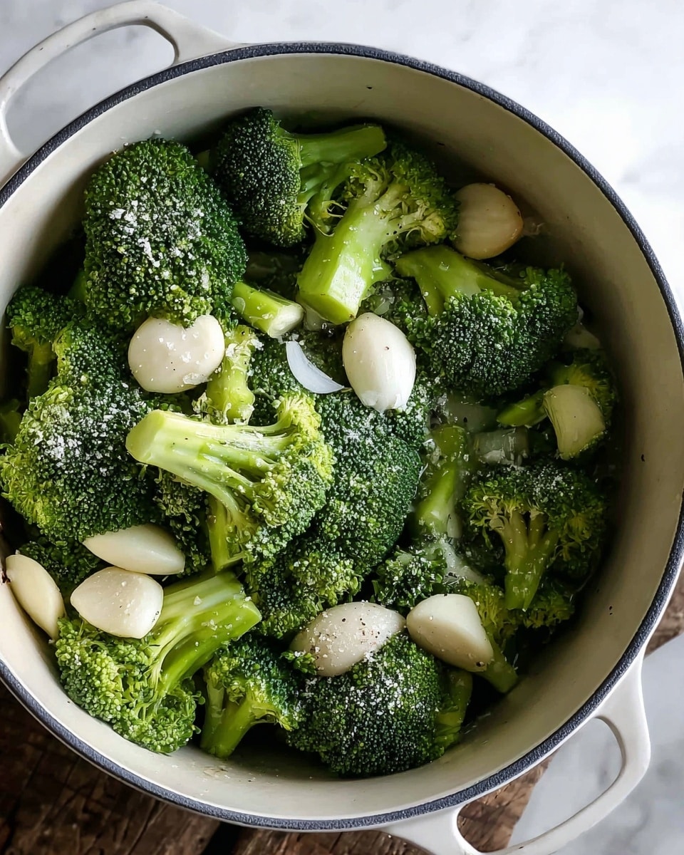 A white pot filled with fresh green broccoli florets and thick light green broccoli stems, scattered with several peeled whole garlic cloves that are creamy white, all topped lightly with white salt crystals and specks of black pepper; the pot handles are visible on both sides, and the background features a white marbled texture photo taken with an iphone --ar 4:5 --v 7