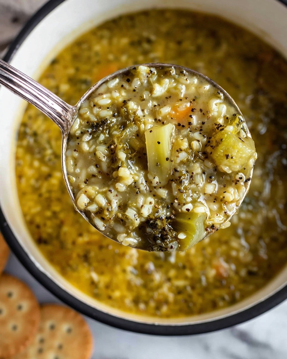 The image shows a close-up of a silver ladle lifting a thick soup from a white pot with a black rim. The soup is filled with small, round grains and chunks of green vegetables mixed in a light greenish broth with visible specks of black pepper. The soup looks creamy and textured with a glossy surface. The pot's background shows more of the same soup, and below there is a glimpse of round crackers on a white marbled surface. The photo taken with an iphone --ar 4:5 --v 7