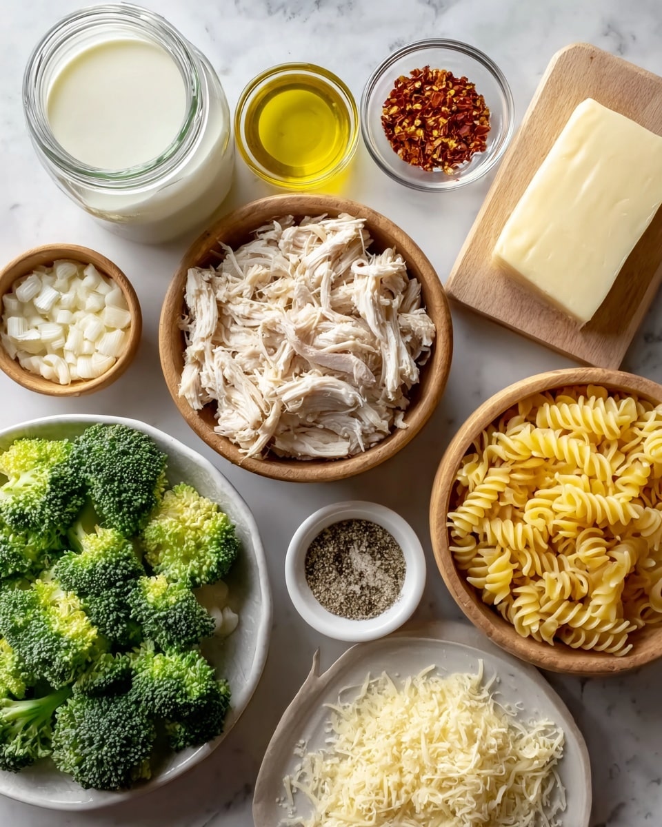 The image shows many cooking ingredients on a white marbled surface. There are eight main items: in the top left, a clear glass jar with white milk; next to it, a small clear bowl with red chili flakes; to the right, a clear bowl of yellow olive oil; below the chili flakes, a small wooden bowl with chopped white onions; in the center, a wooden bowl full of shredded pale chicken; to the right, a wooden bowl packed with cooked yellow spiral pasta; at the bottom left, a wooden bowl full of bright green broccoli florets; next to the broccoli, a white plate with a rectangular pale block of butter; and finally, on the right side, a wooden board holding shredded white cheese and a small white bowl with mixed pepper. The colors are fresh and natural, the textures vary from soft chicken to hard pasta and fresh vegetables, arranged neatly with no overlaps. Photo taken with an iphone --ar 4:5 --v 7