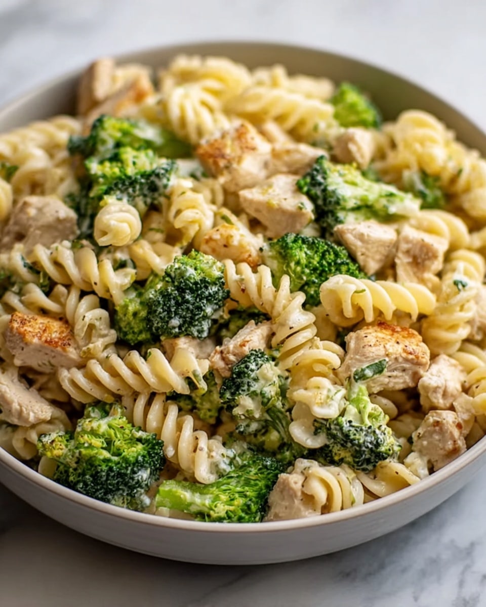 A close-up view of a bowl filled with rotini pasta mixed with small pieces of cooked chicken and bright green broccoli florets. The pasta is creamy white with a smooth texture, the chicken pieces are light golden brown with a tender appearance, and the broccoli has a fresh, slightly glossy green color. The ingredients are evenly mixed, showing layers of pasta spirals, chicken chunks, and broccoli bits throughout the bowl. The bowl is white with a simple design, placed on a white marbled surface. The photo taken with an iphone --ar 4:5 --v 7